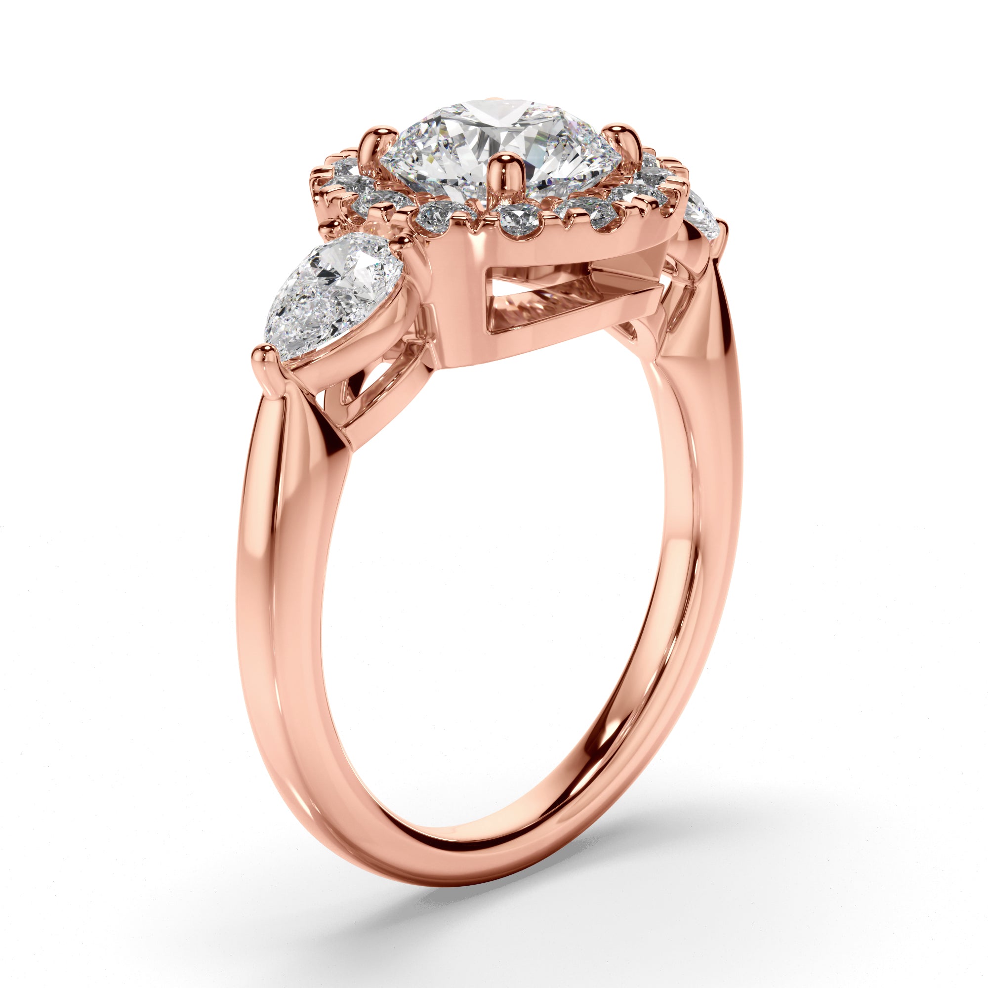 Livia - Round Brilliant Cut Diamond Halo Trilogy Engagement Ring with Pear Sides