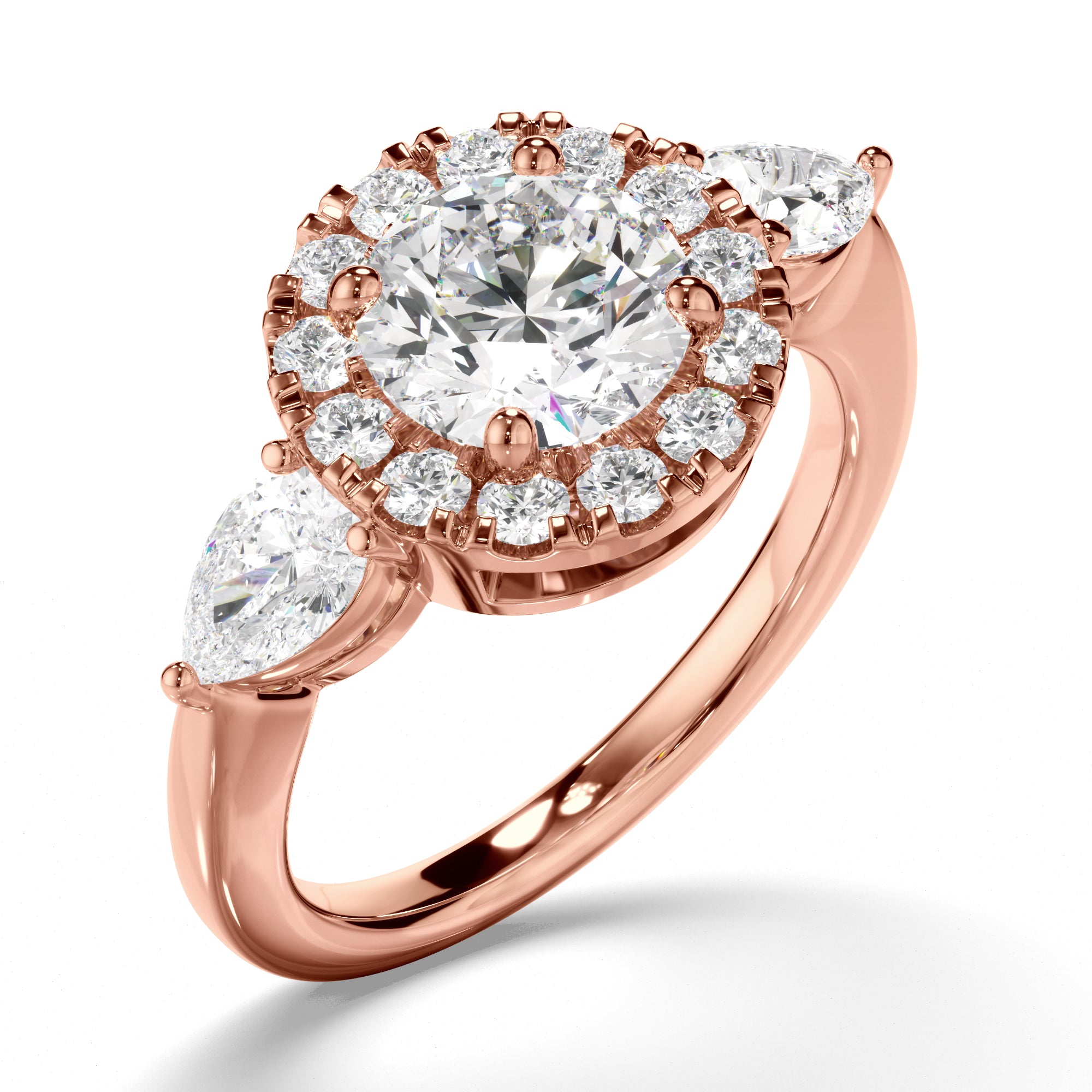Livia - Round Brilliant Cut Diamond Halo Trilogy Engagement Ring with Pear Sides