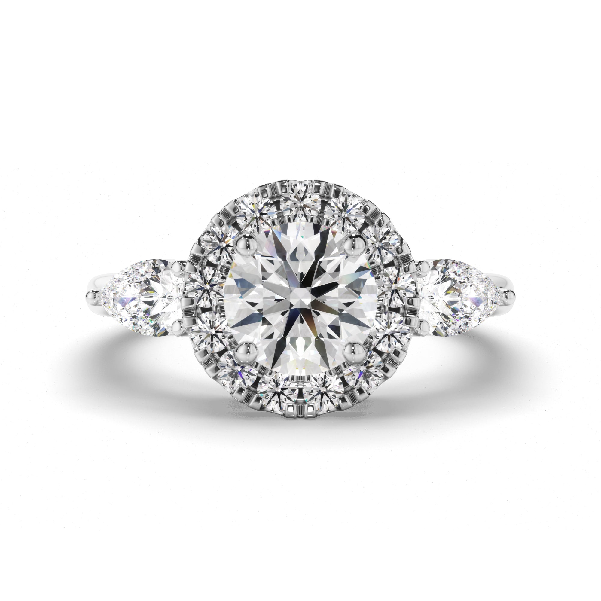 Livia - Round Brilliant Cut Diamond Halo Trilogy Engagement Ring with Pear Sides