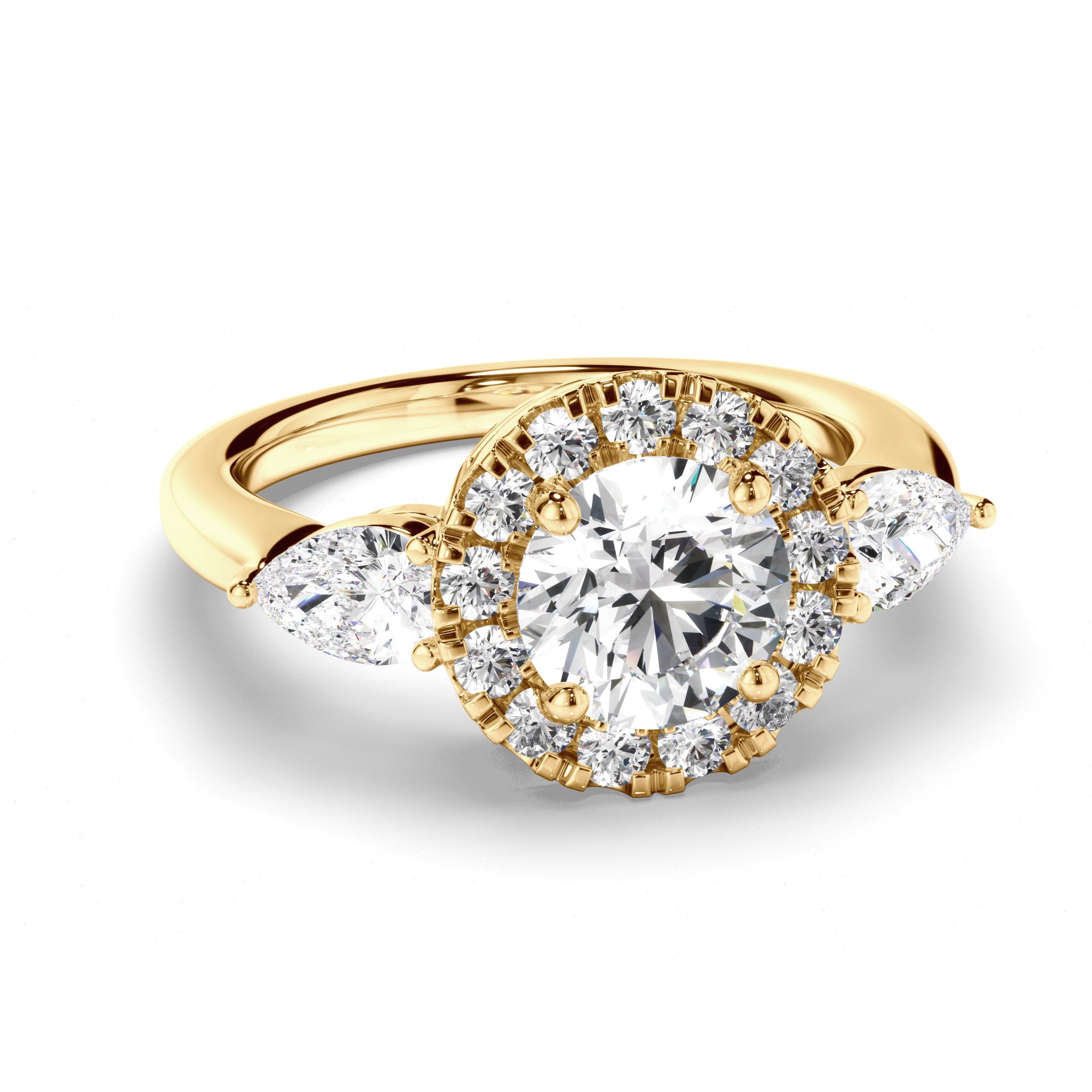 Livia - Round Brilliant Cut Diamond Halo Trilogy Engagement Ring with Pear Sides