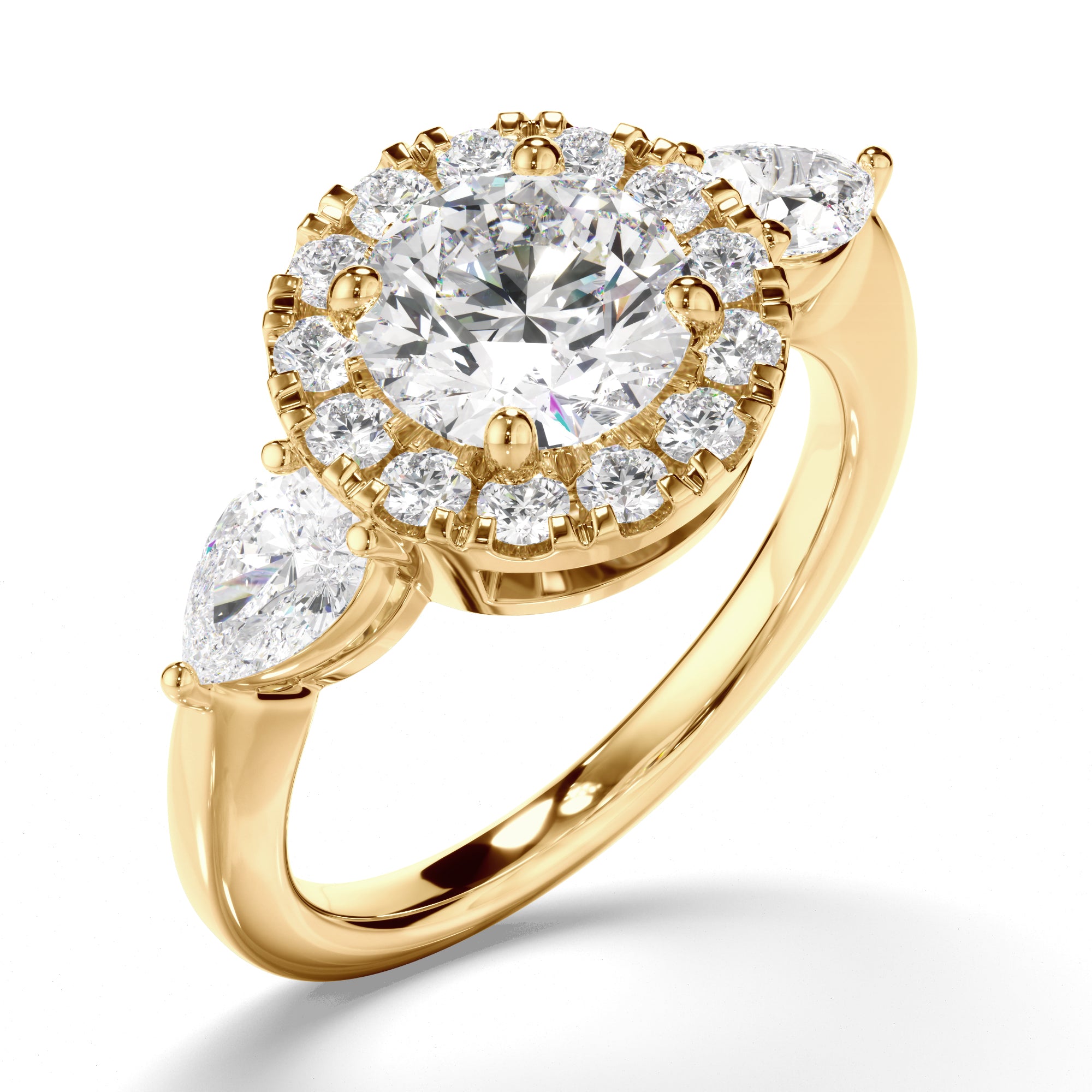 Livia - Round Brilliant Cut Diamond Halo Trilogy Engagement Ring with Pear Sides
