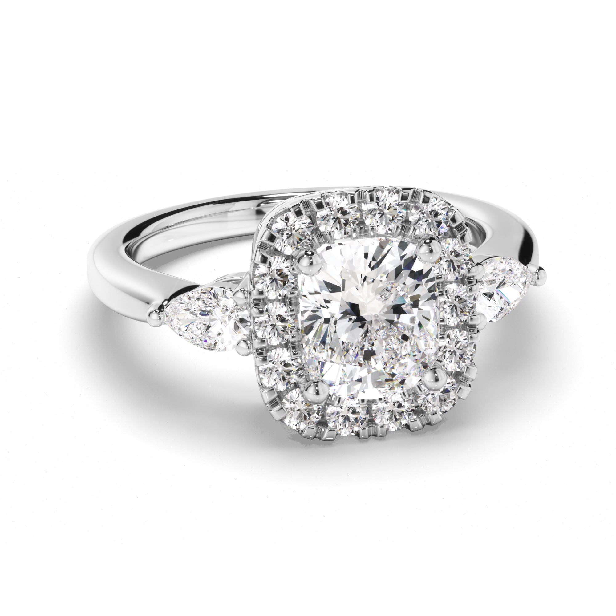 Charlotte - Cushion Cut Diamond Halo Trilogy Engagement Ring with Pear Sides