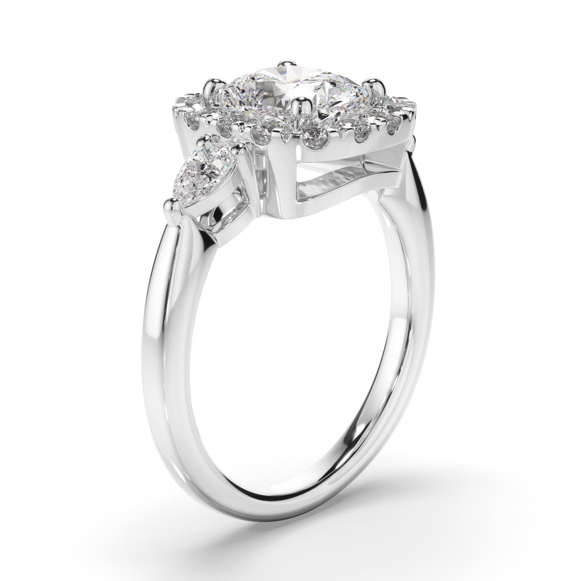 Charlotte - Cushion Cut Diamond Halo Trilogy Engagement Ring with Pear Sides