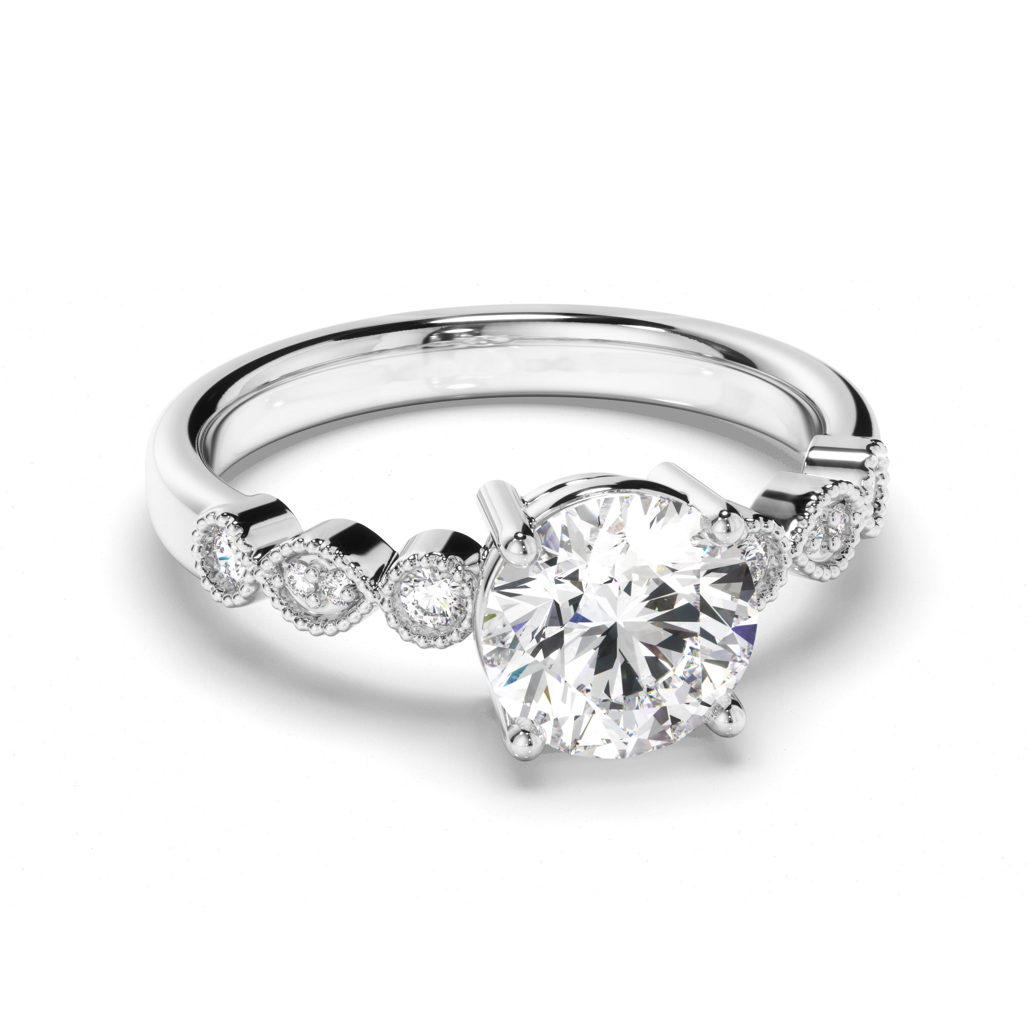 Rosalind - Round Brilliant Cut Diamond Engagement Ring with Diamond Sides