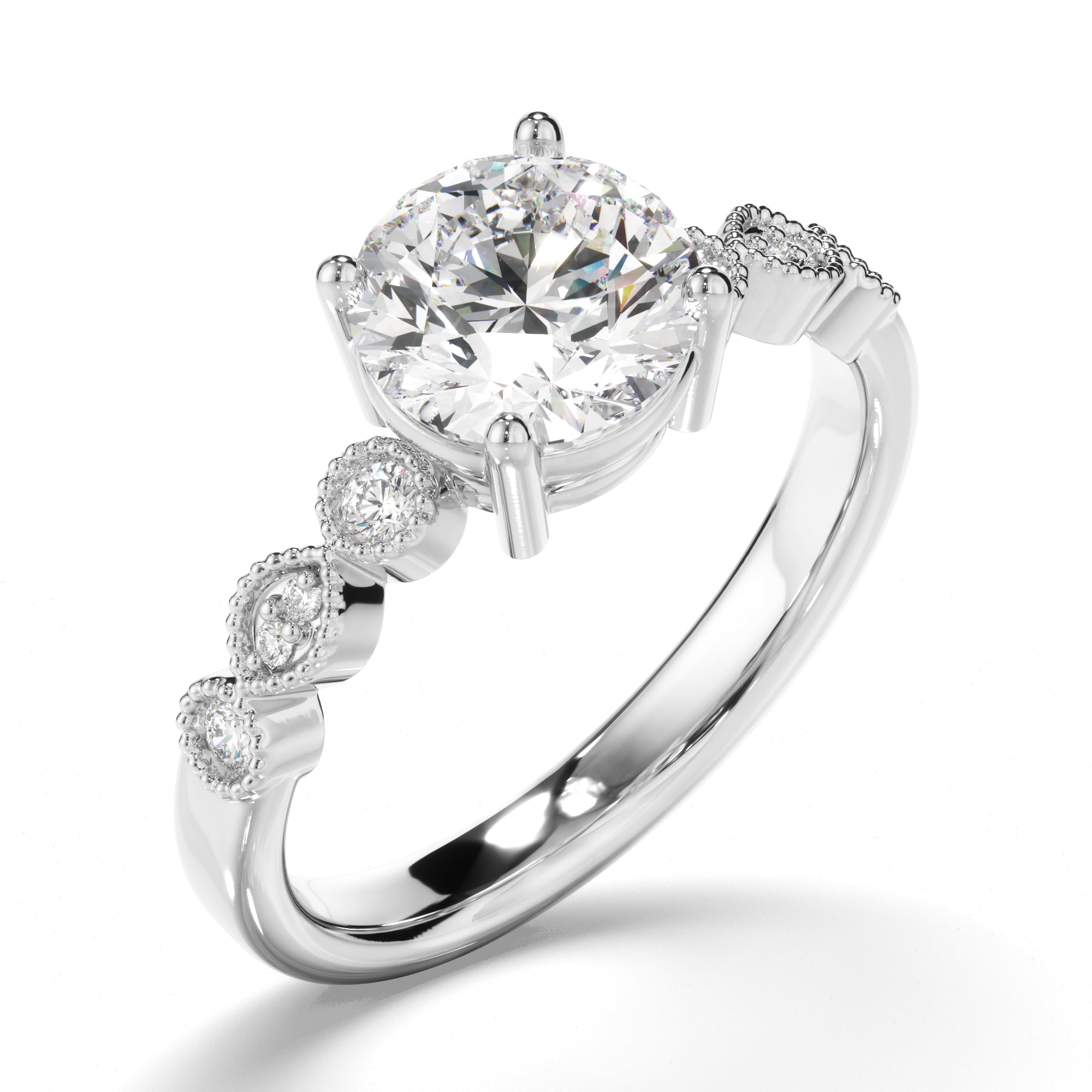 Rosalind - Round Brilliant Cut Diamond Engagement Ring with Diamond Sides