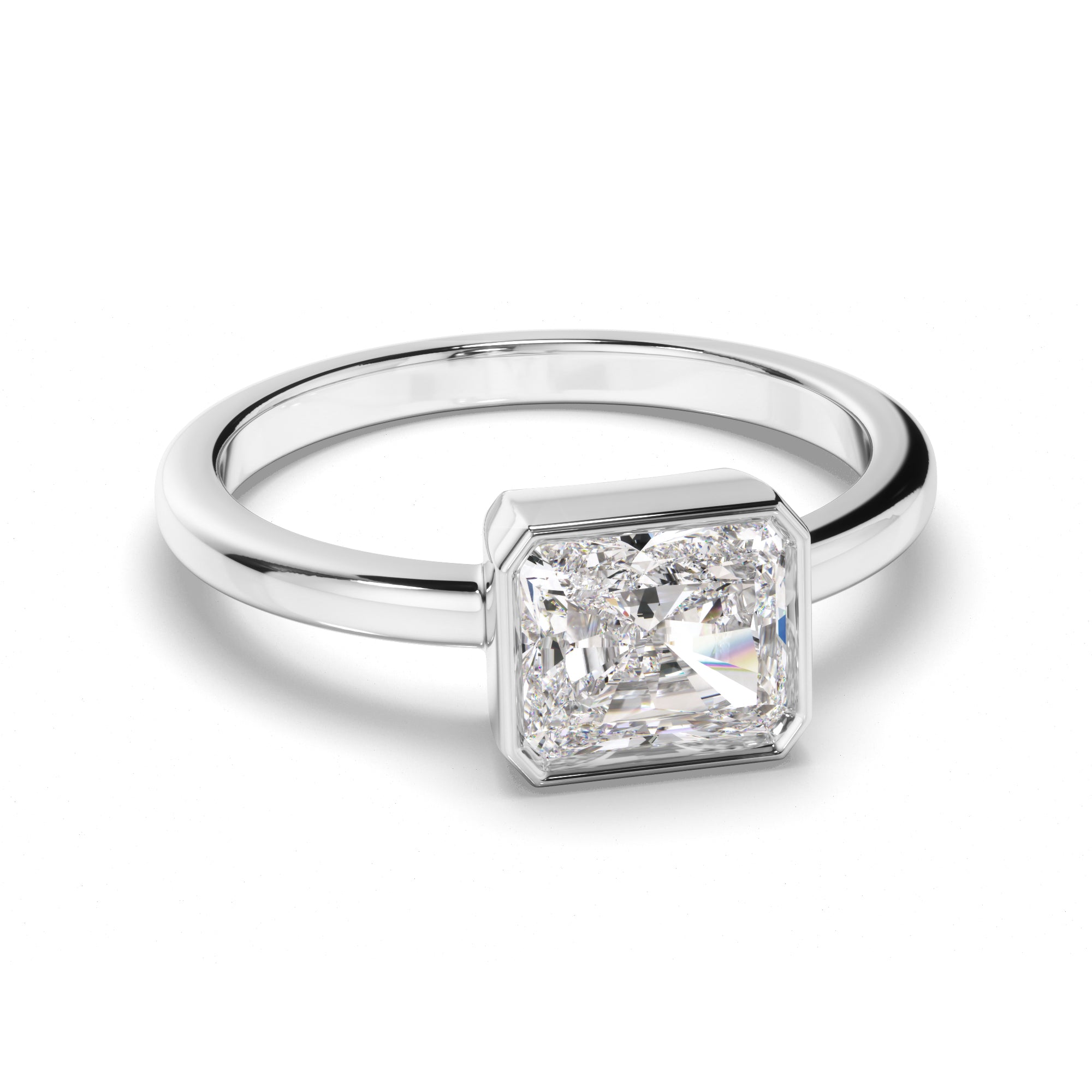 Theia - Radiant Cut Diamond Bezel East West Solitaire Engagement Ring
