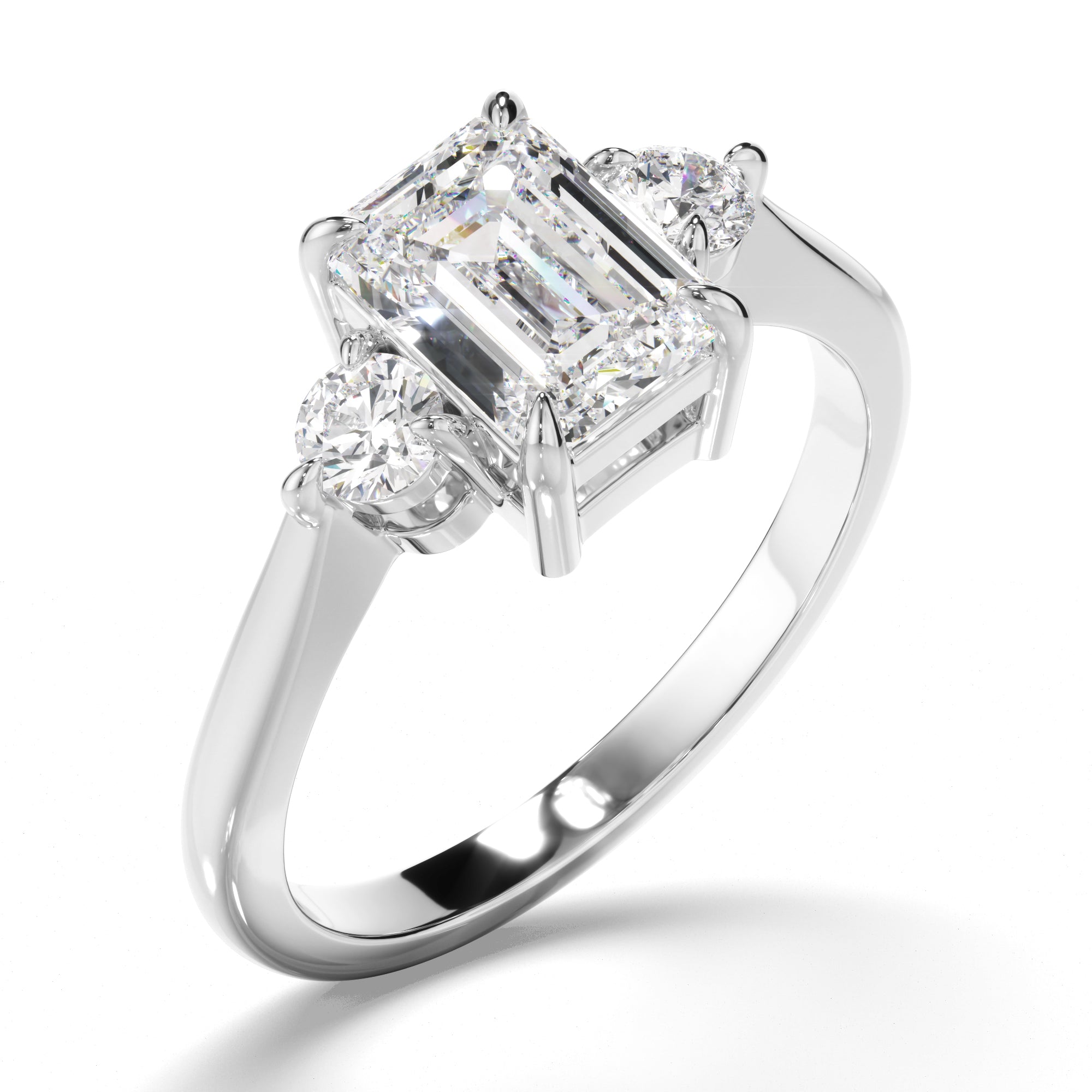 Isadora - Emerald Cut Diamond Trilogy Engagement Ring with Round Brilliant Sides