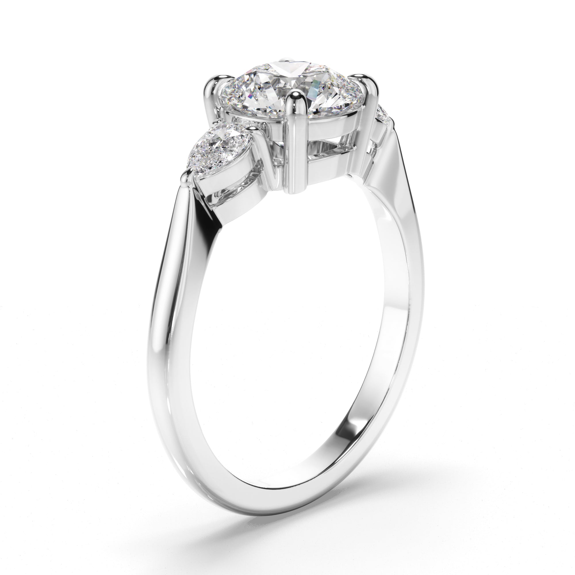 Elowen - Round Brilliant Cut Diamond Trilogy Engagement Ring with Pear Sides