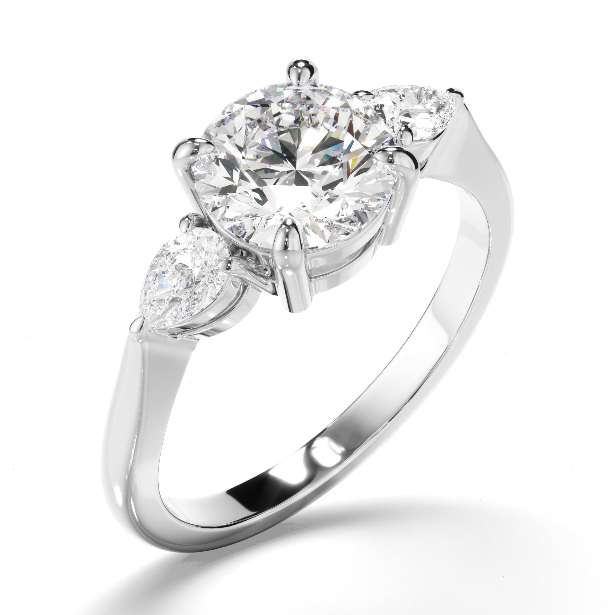 Elowen - Round Brilliant Cut Diamond Trilogy Engagement Ring with Pear Sides
