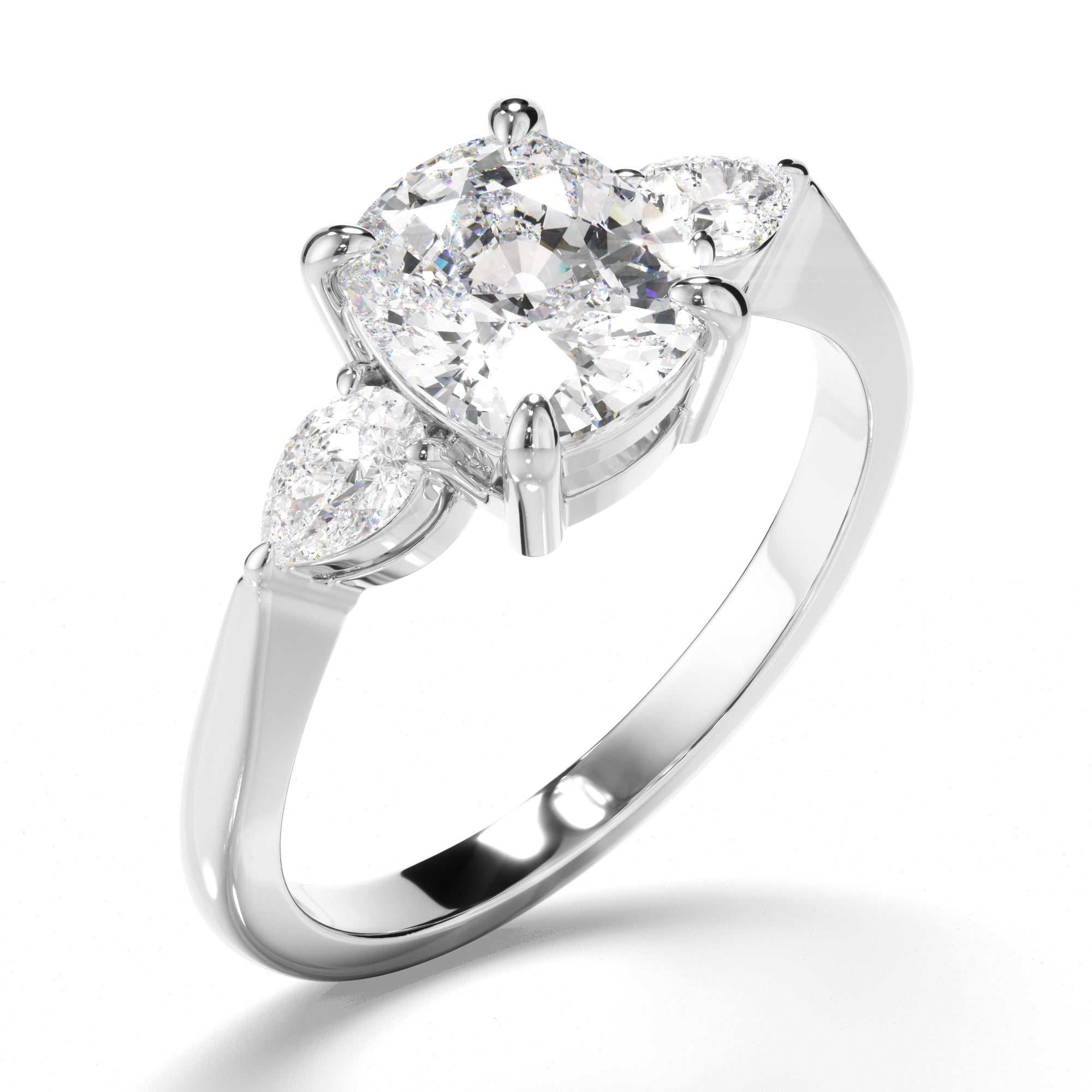 Alma - Cushion Cut Diamond Trilogy Engagement Ring with Pear Sides