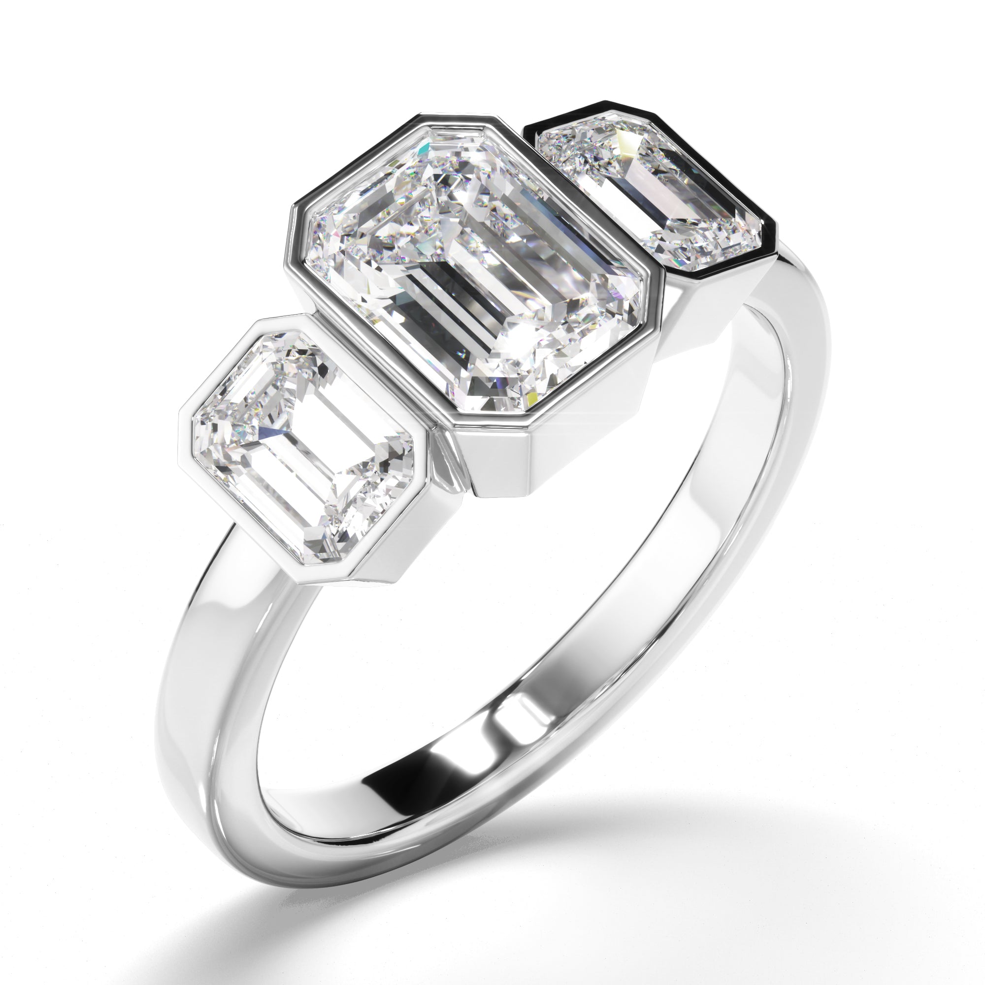 Estella - Emerald Cut Diamond Bezel Set Trilogy Engagement Ring