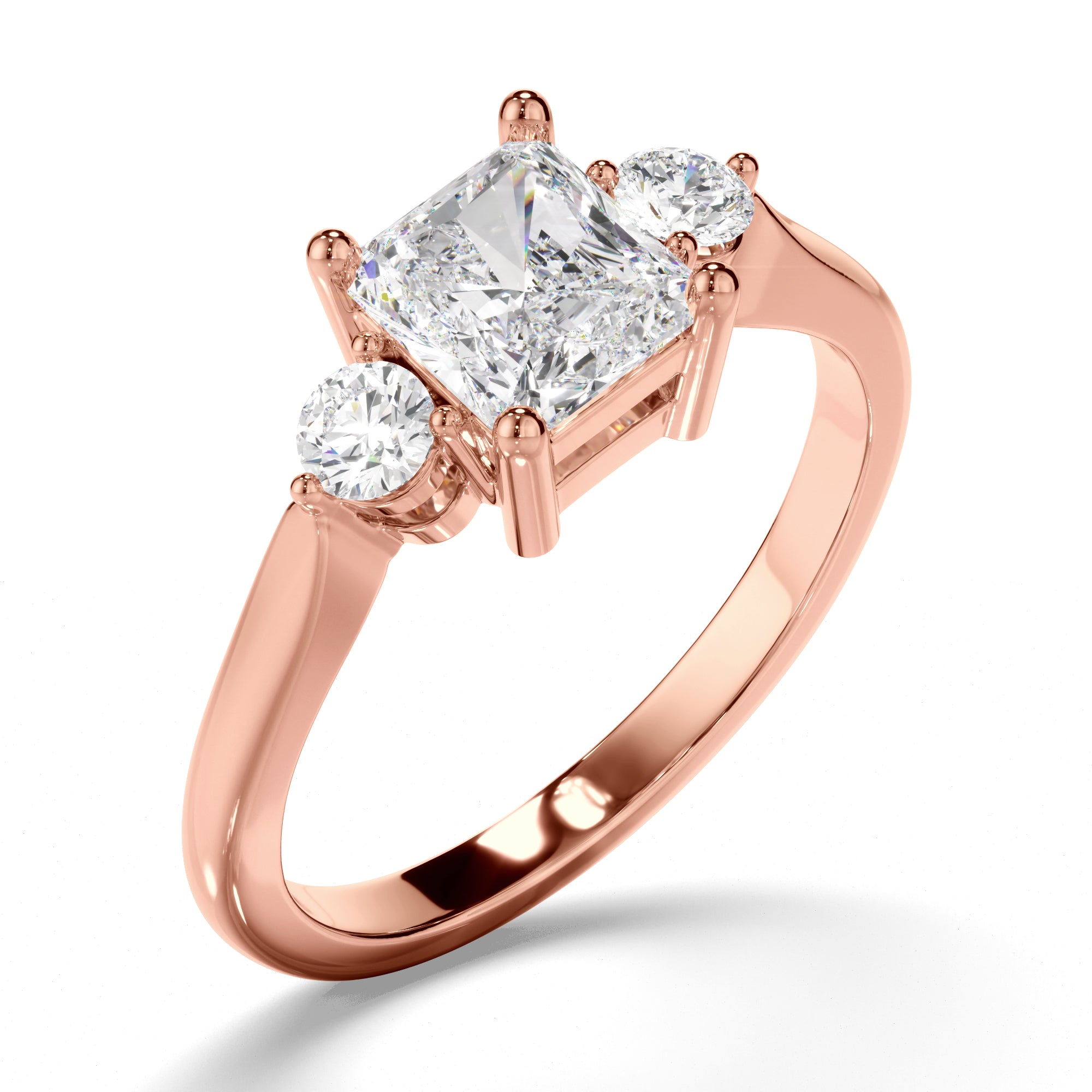 Solara - Radiant Cut Diamond Trilogy Engagement Ring with Round Brilliant Sides