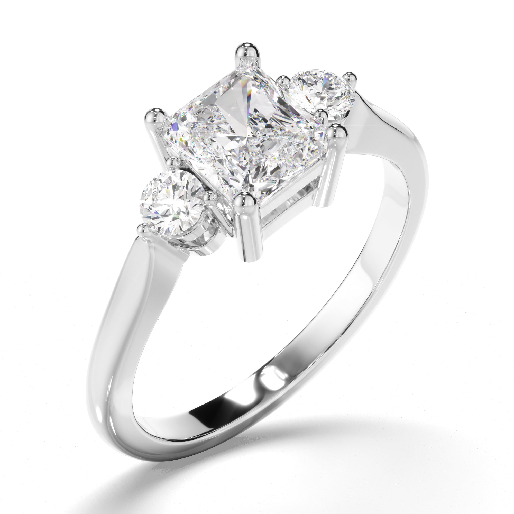 Solara - Radiant Cut Diamond Trilogy Engagement Ring with Round Brilliant Sides