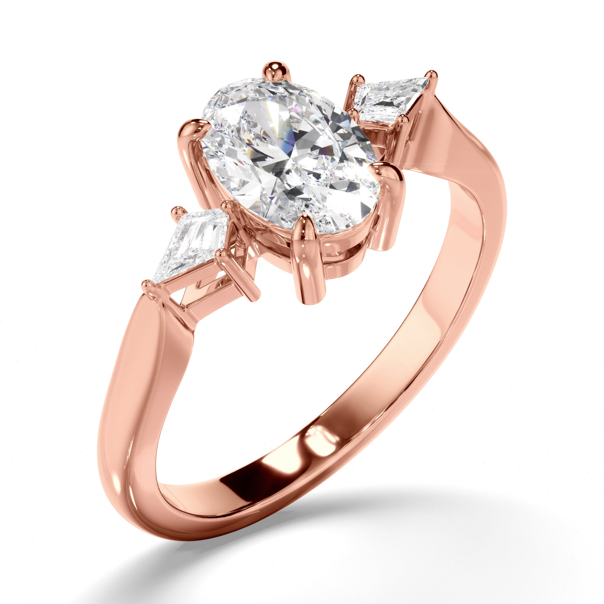 Rosaline - Oval Cut Diamond Trilogy Engagement Ring with Kite Sides