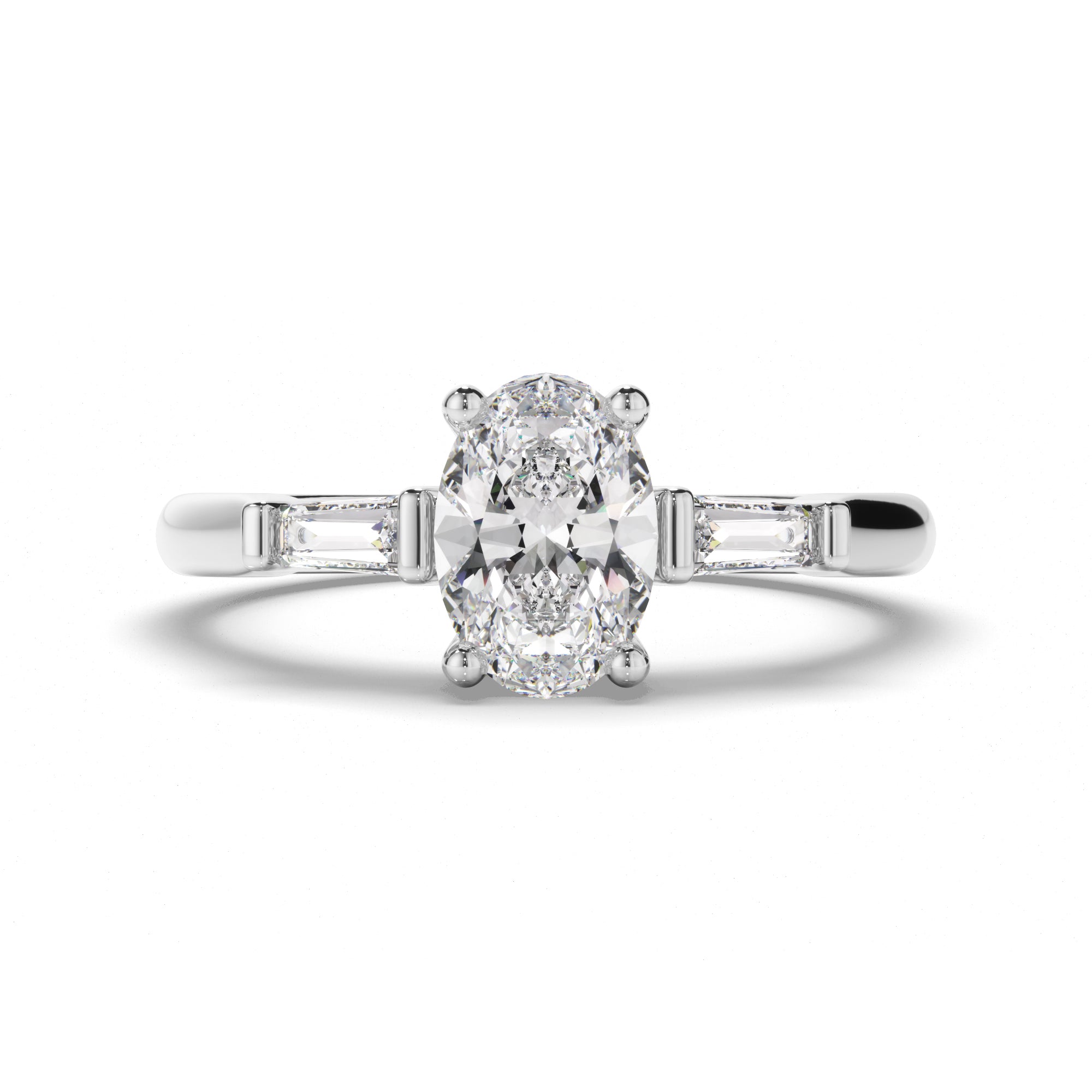 Viviette - Oval Cut Diamond Trilogy Engagement Ring with Baguette Sides