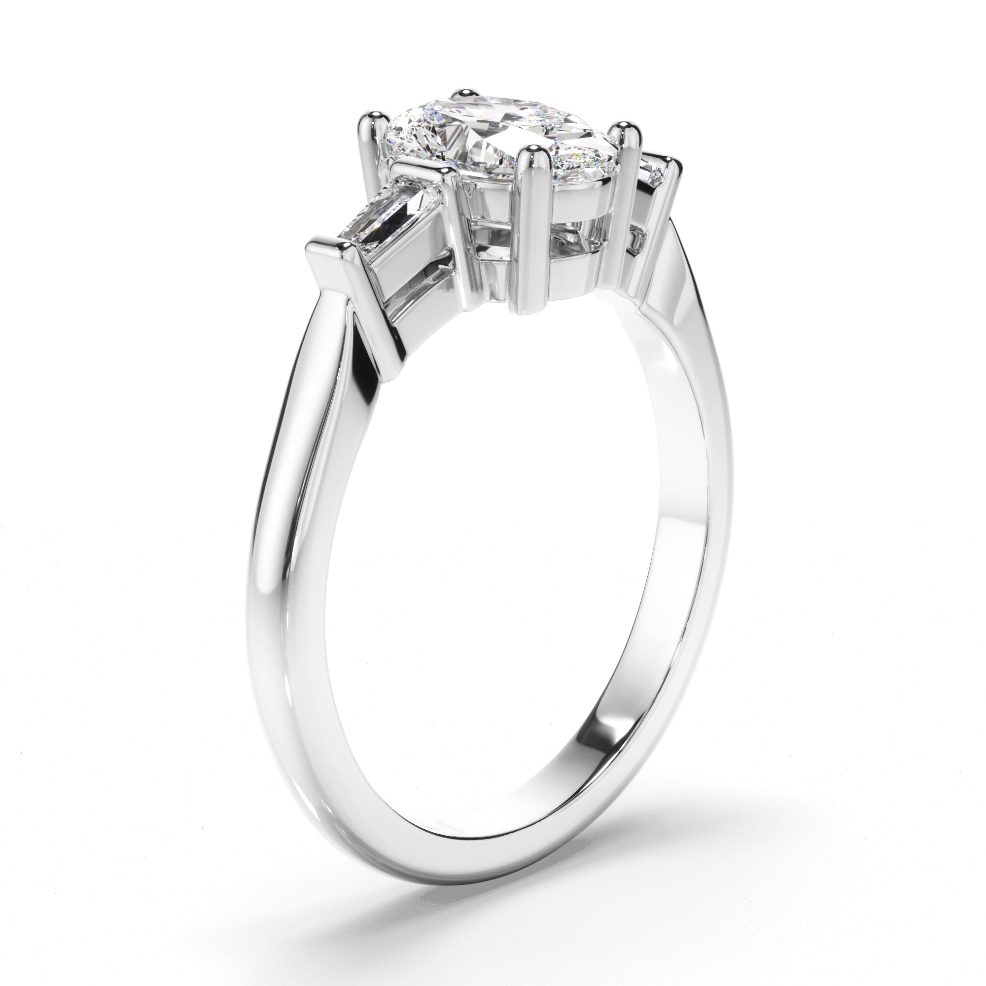 Viviette - Oval Cut Diamond Trilogy Engagement Ring with Baguette Sides