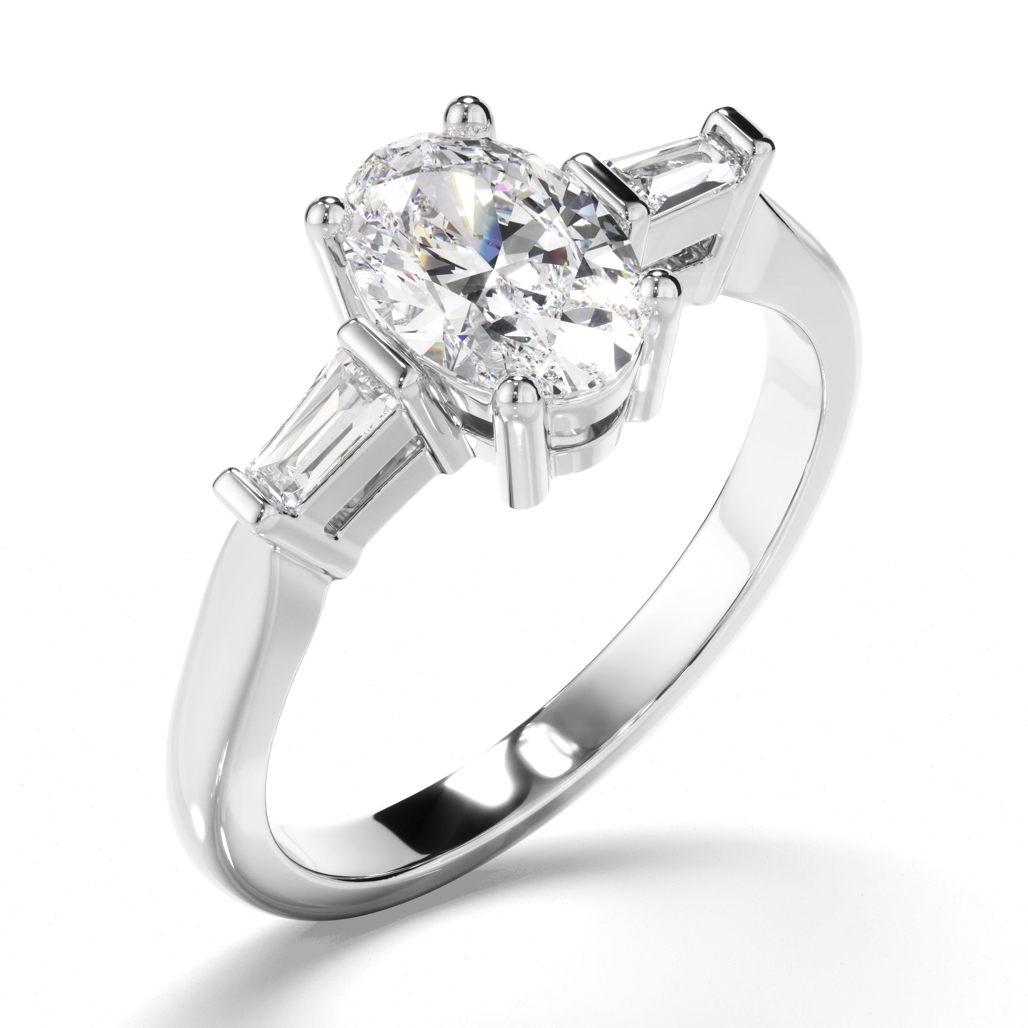 Viviette - Oval Cut Diamond Trilogy Engagement Ring with Baguette Sides