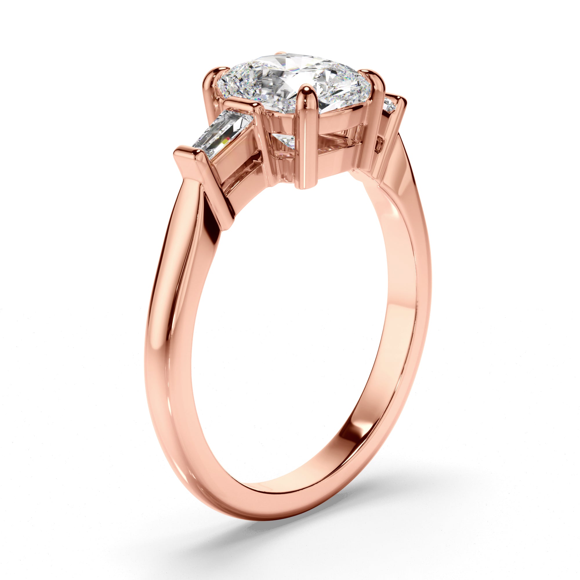 Phoebe - Cushion Cut Diamond Trilogy Engagement Ring with Baguette Sides