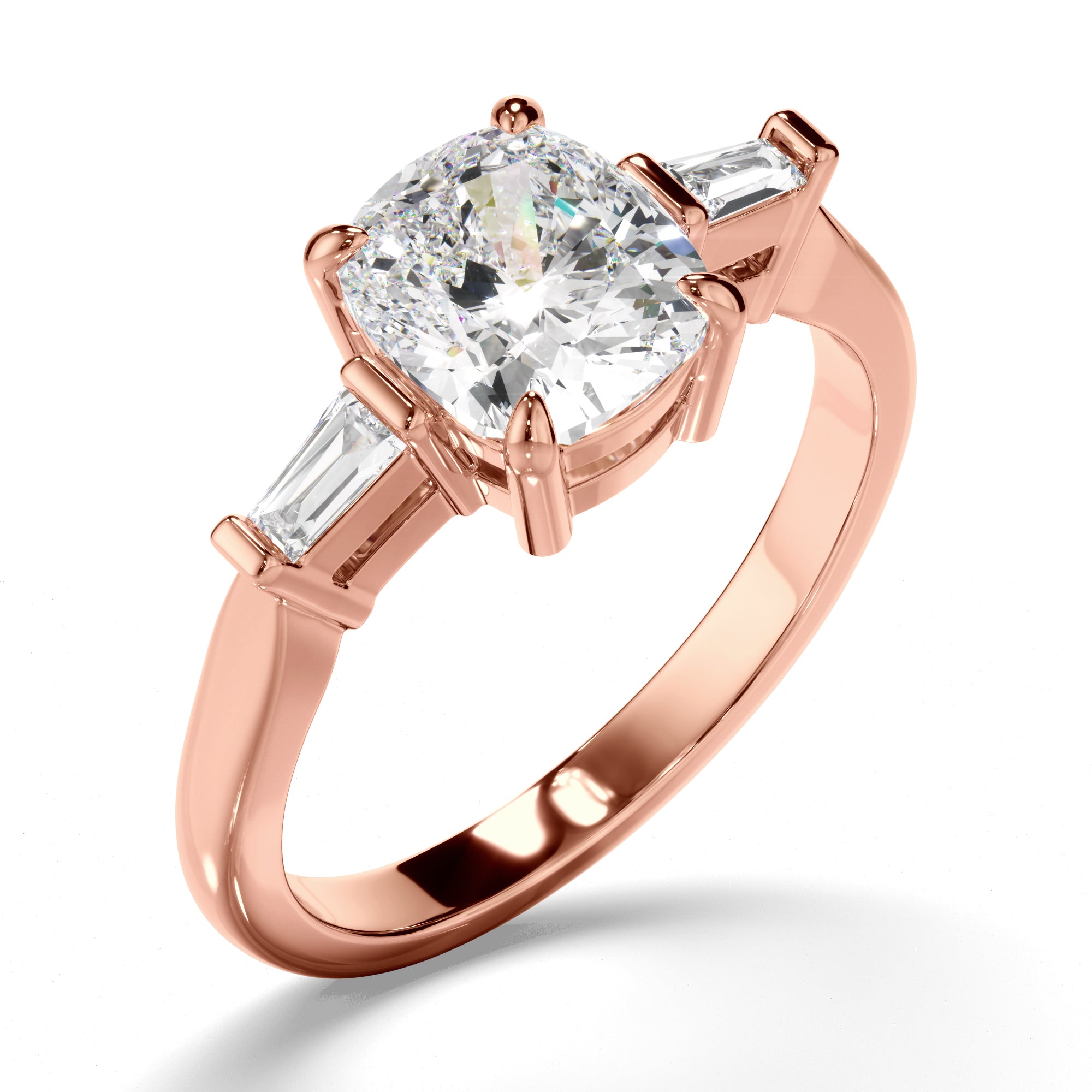 Phoebe - Cushion Cut Diamond Trilogy Engagement Ring with Baguette Sides