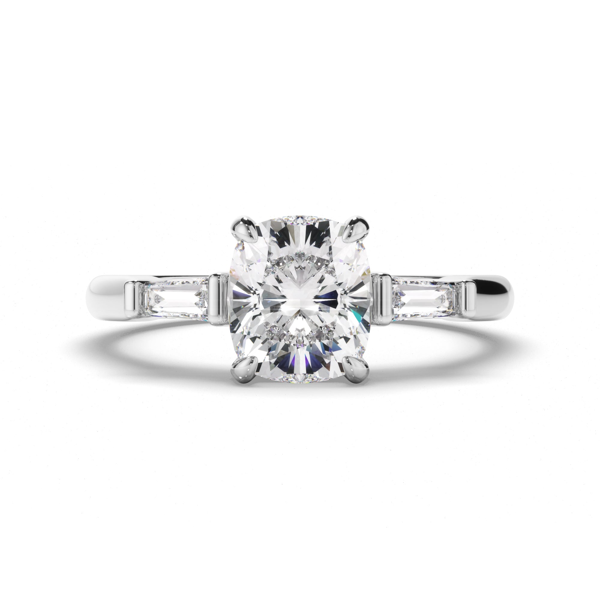 Phoebe - Cushion Cut Diamond Trilogy Engagement Ring with Baguette Sides
