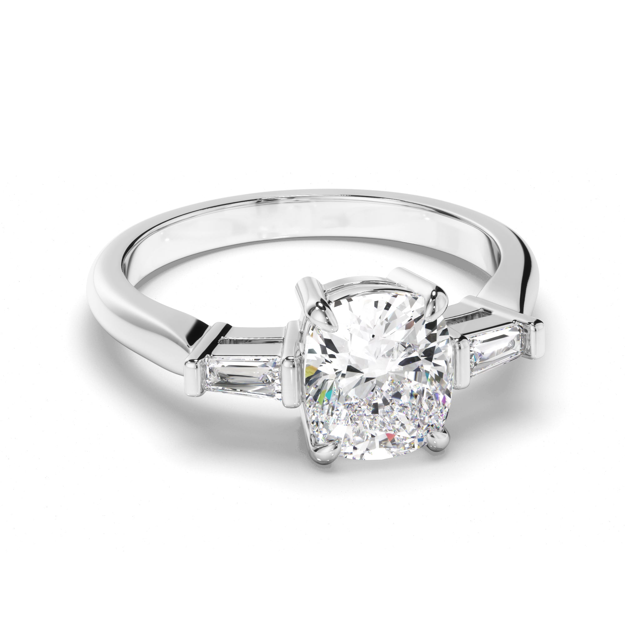 Phoebe - Cushion Cut Diamond Trilogy Engagement Ring with Baguette Sides