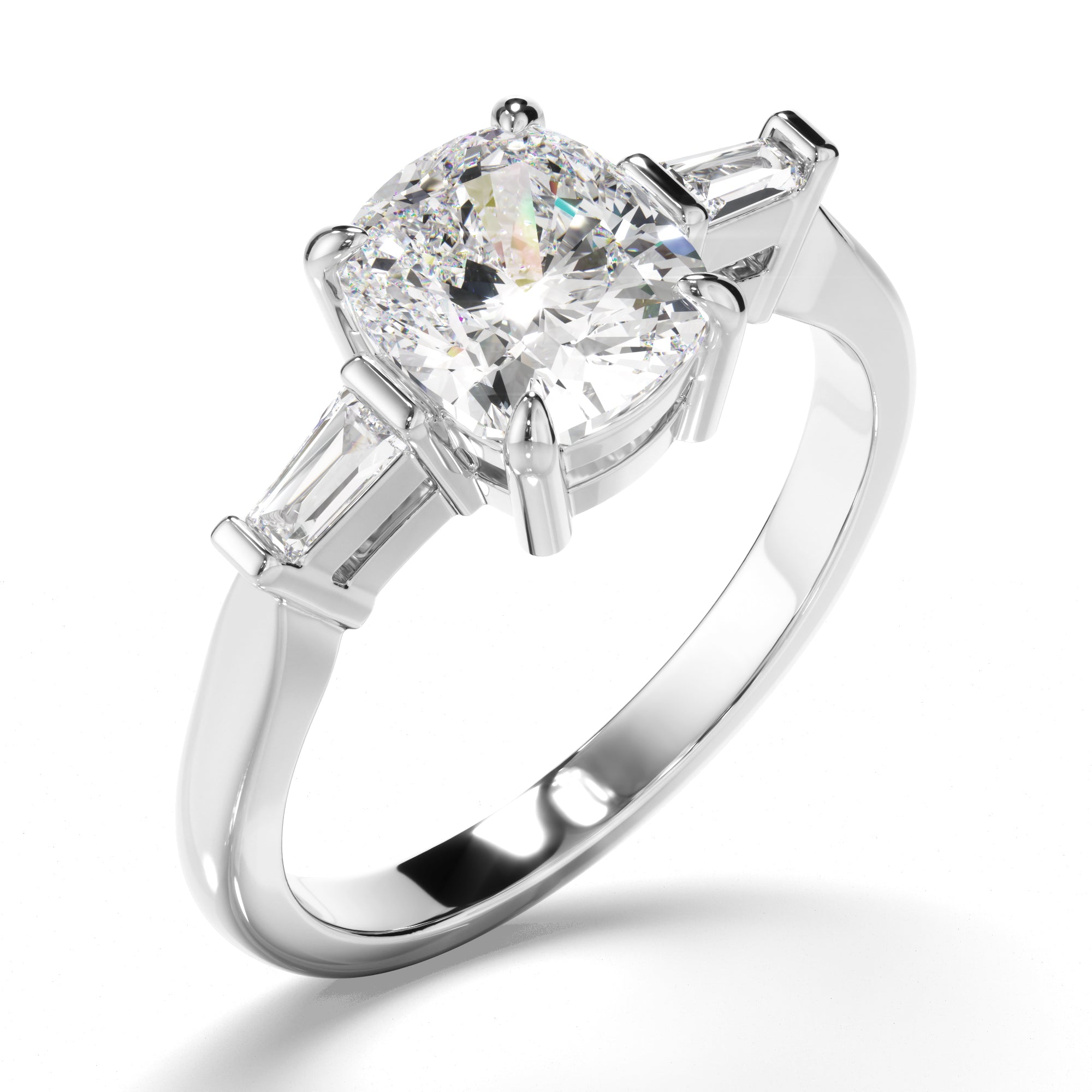 Phoebe - Cushion Cut Diamond Trilogy Engagement Ring with Baguette Sides
