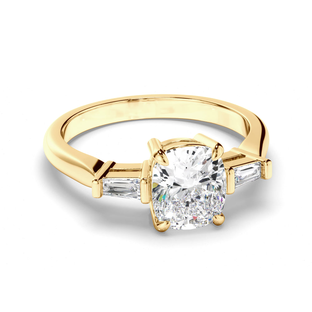 Phoebe - Cushion Cut Diamond Trilogy Engagement Ring with Baguette Sides