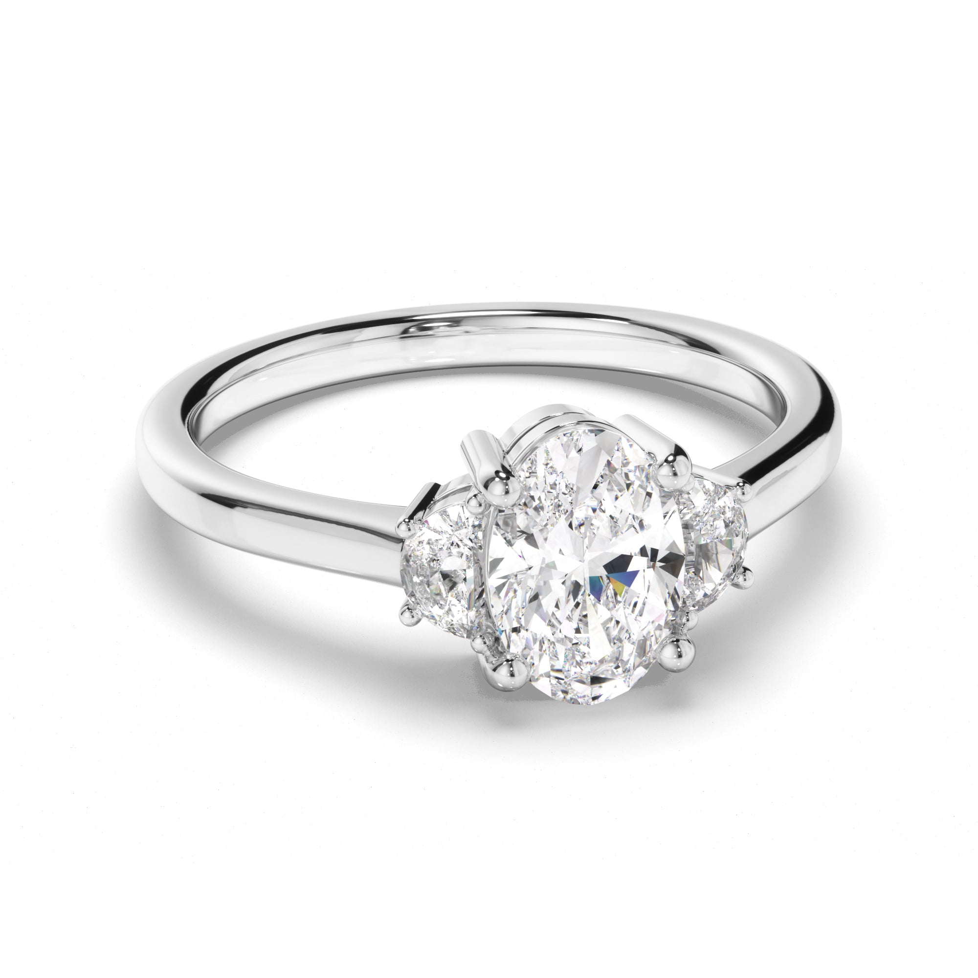 Stella - Oval Cut Diamond Trilogy Engagement Ring with Half Moon Sides