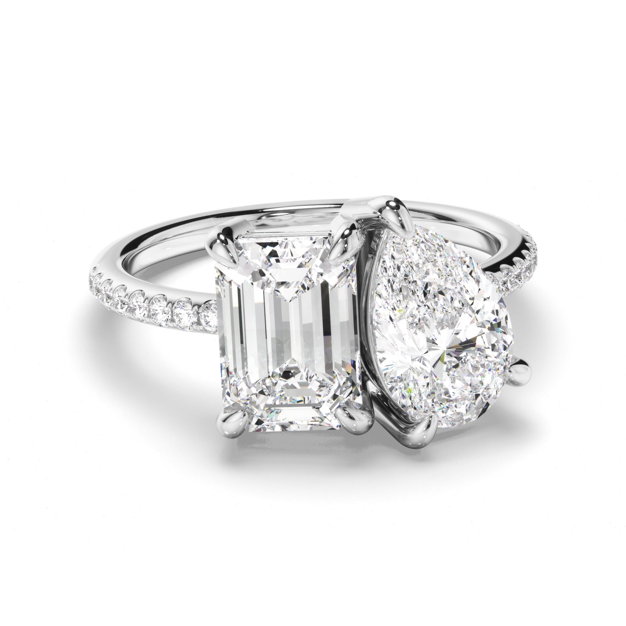 Nina - Emerald & Pear Cut Diamond Toi et Moi Engagement Ring