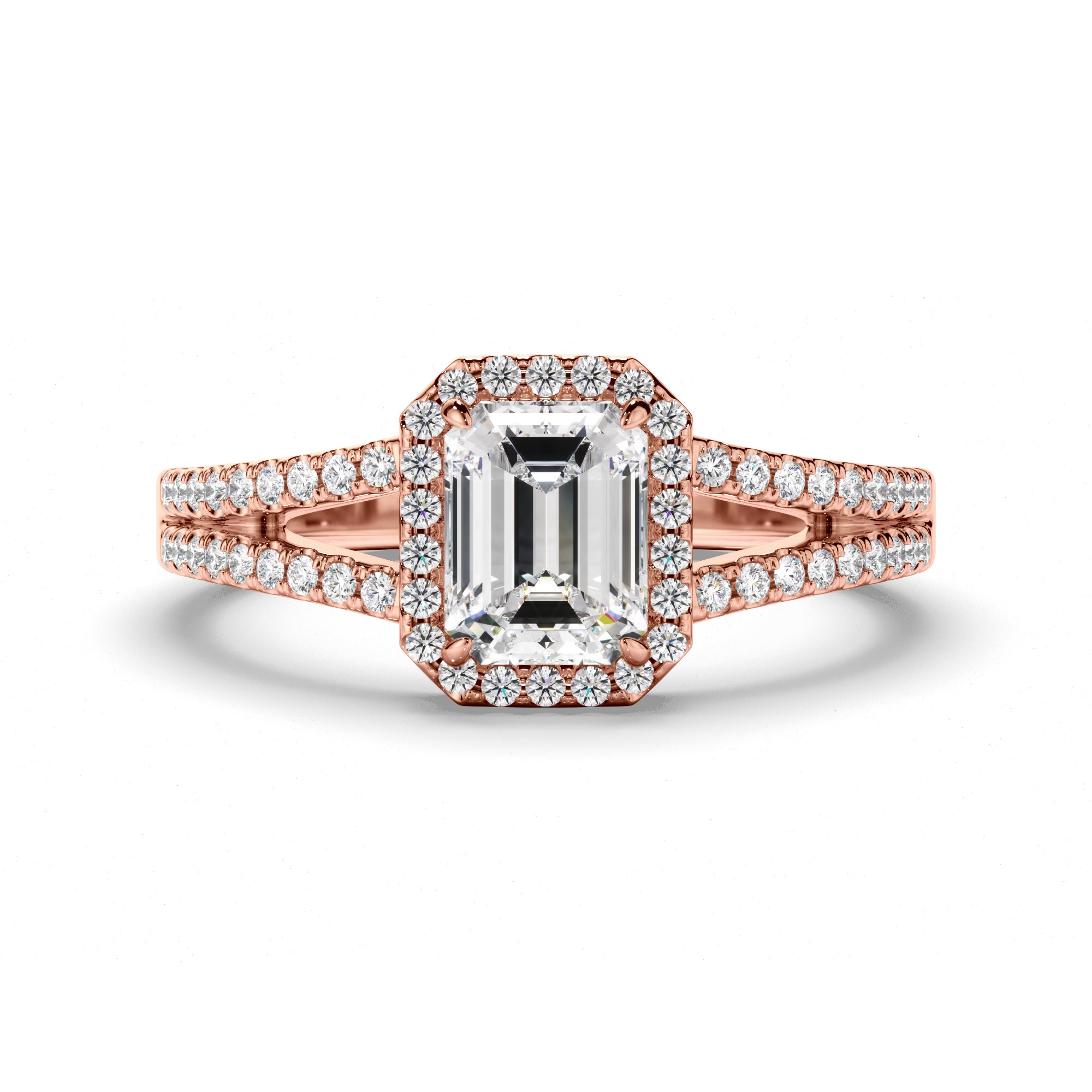 Lena - Emerald Cut Diamond Halo Engagement Ring with Pave Sides