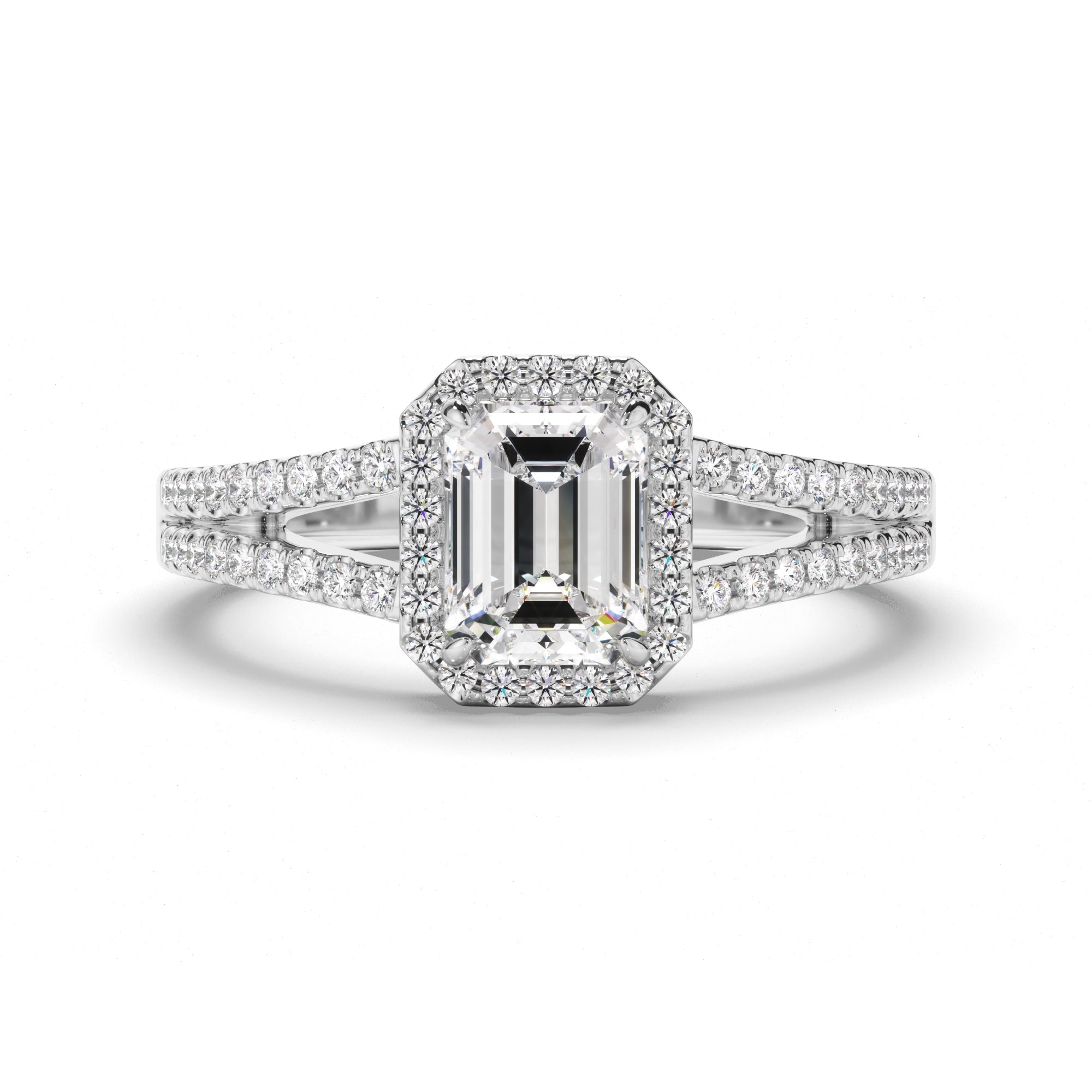 Lena - Emerald Cut Diamond Halo Engagement Ring with Pave Sides