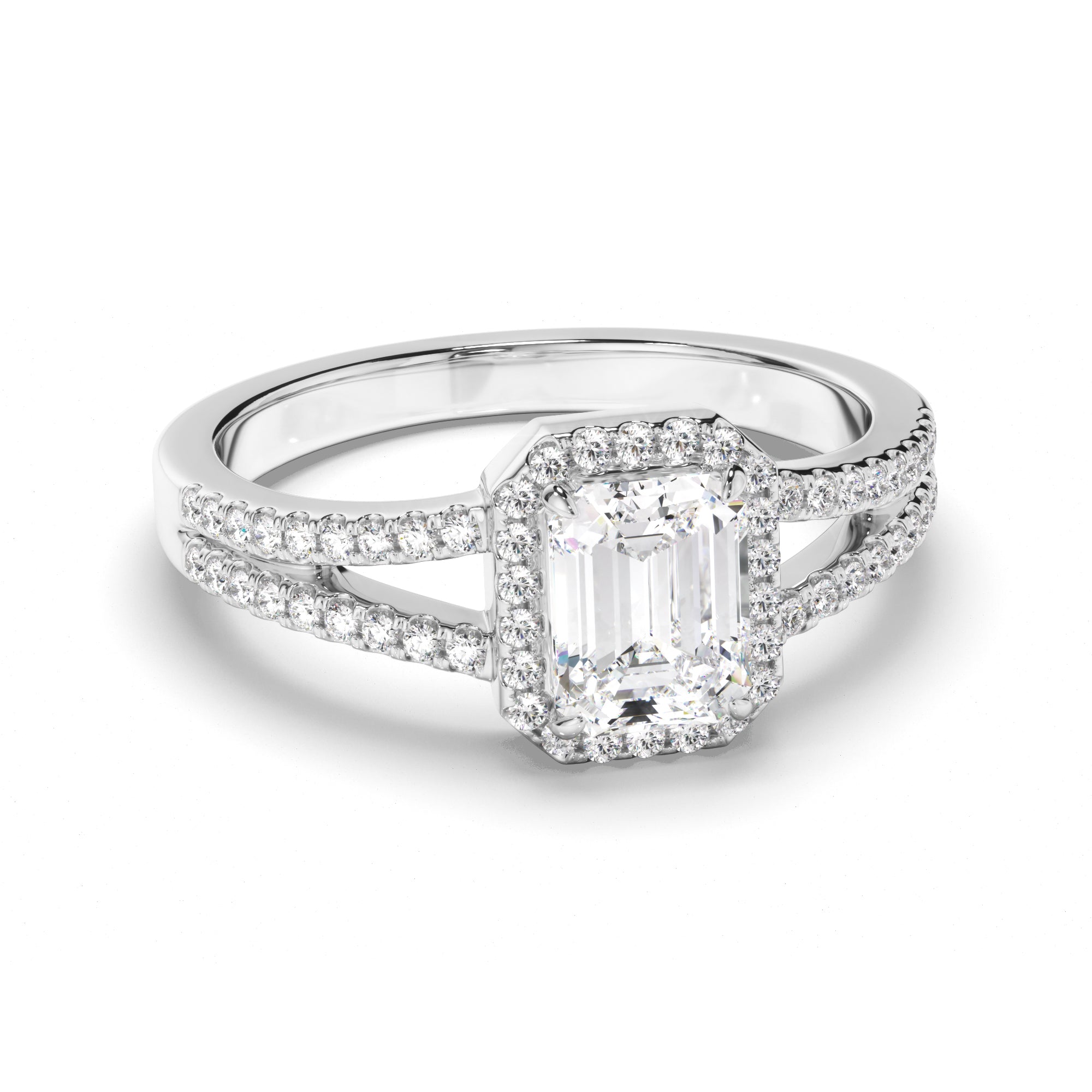 Lena - Emerald Cut Diamond Halo Engagement Ring with Pave Sides