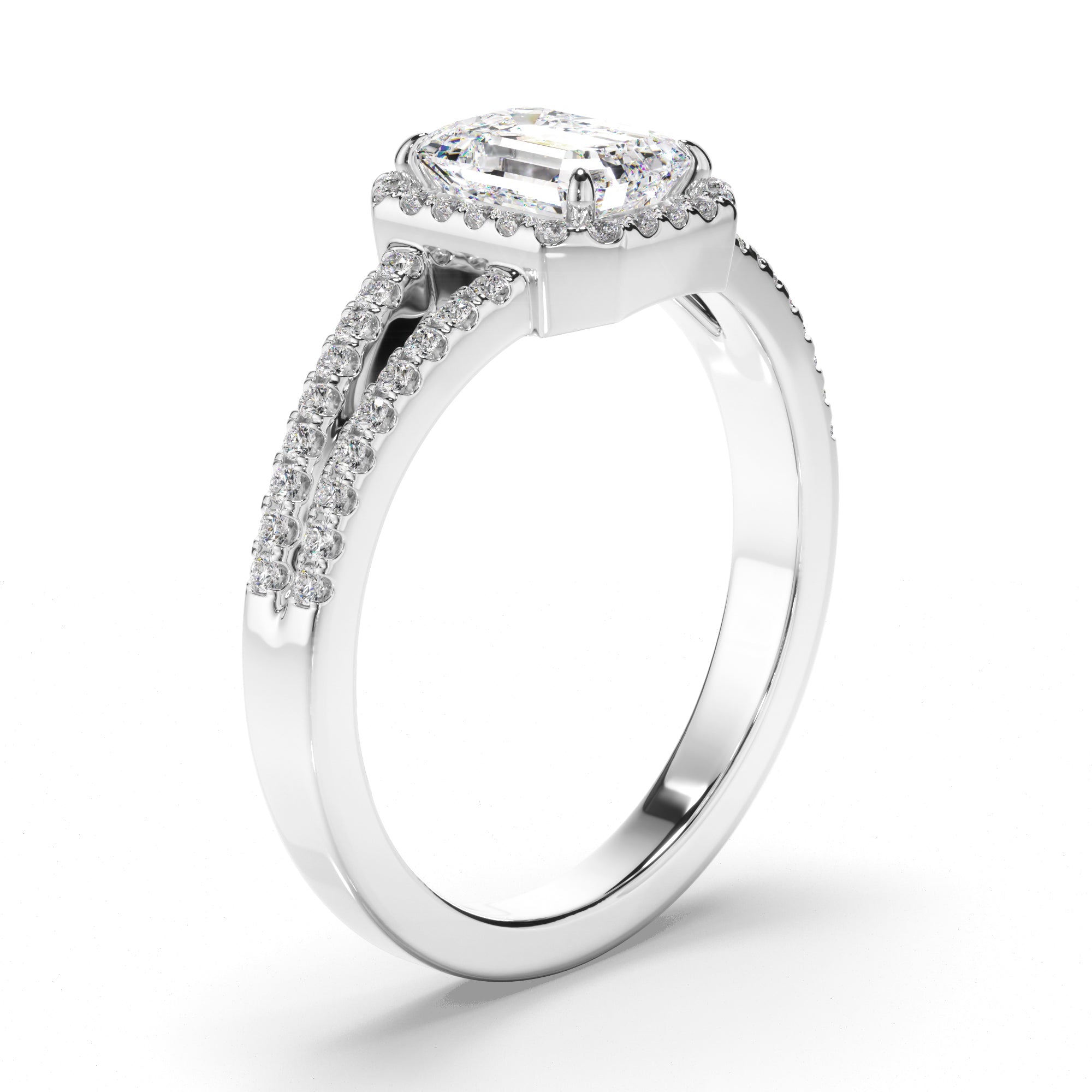 Lena - Emerald Cut Diamond Halo Engagement Ring with Pave Sides
