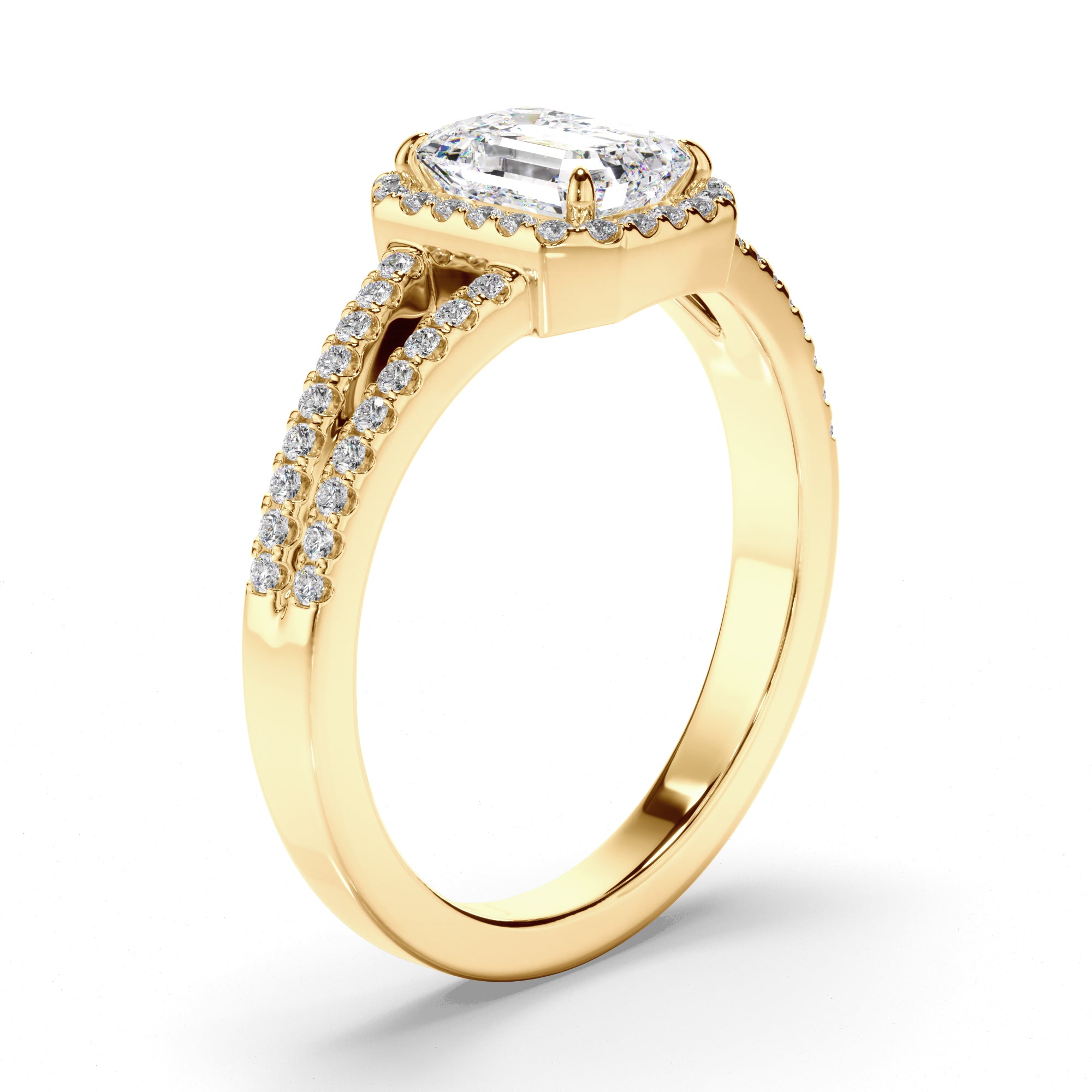 Lena - Emerald Cut Diamond Halo Engagement Ring with Pave Sides