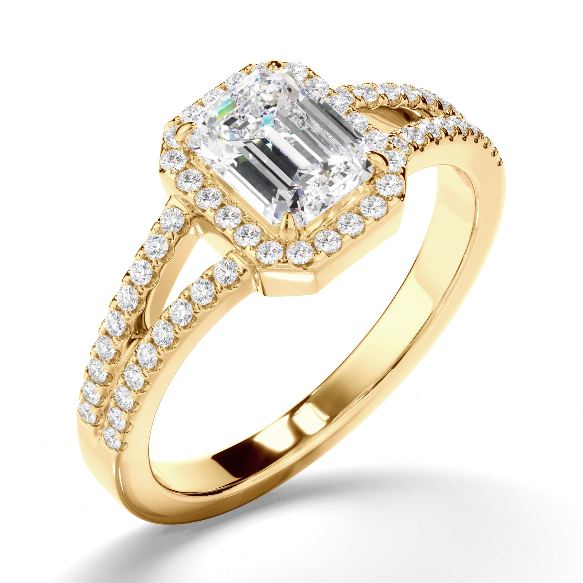 Lena - Emerald Cut Diamond Halo Engagement Ring with Pave Sides