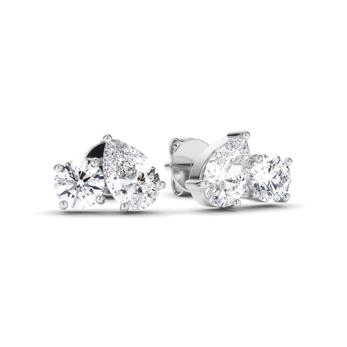 Penrose - Pear & Round Brilliant Cut Diamond Toi et Moi Stud Earrings