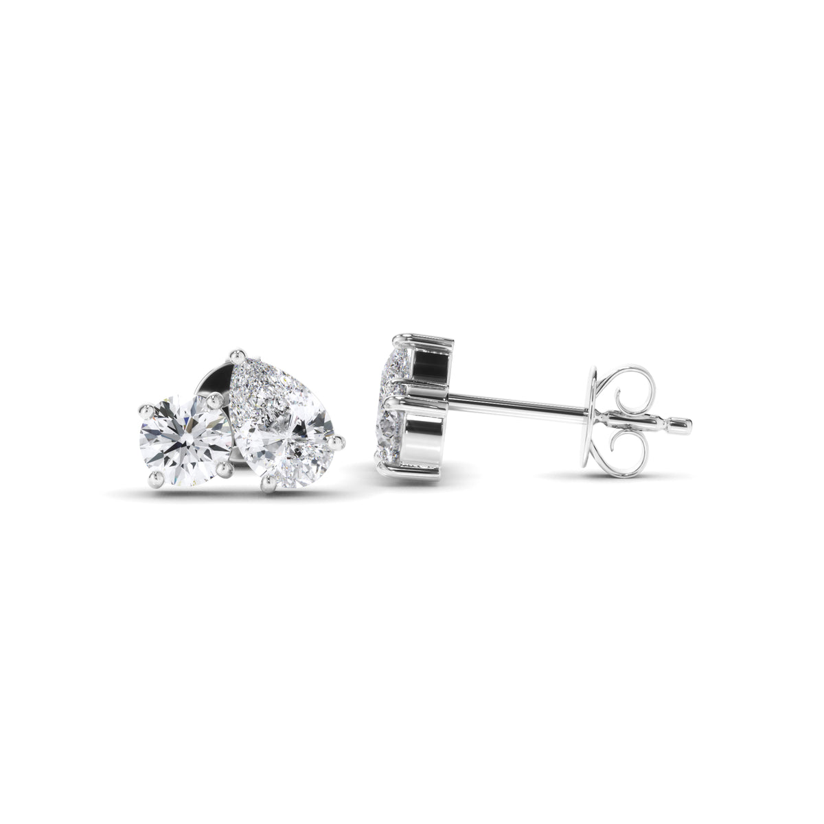 Penrose - Pear & Round Brilliant Cut Diamond Toi et Moi Stud Earrings