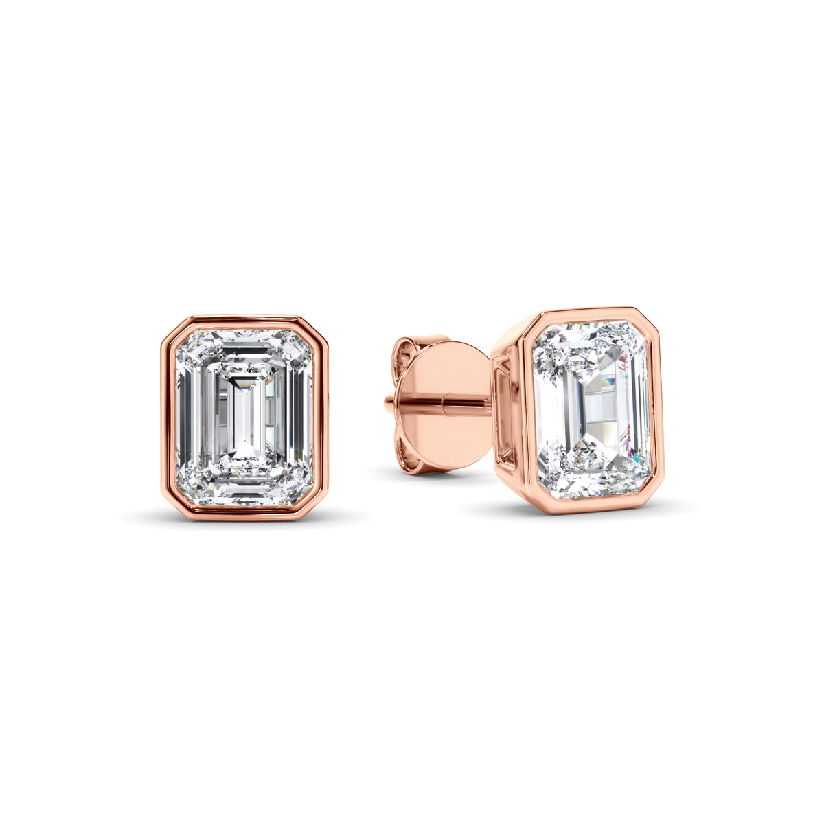 Violet - Emerald Cut Diamond Bezel Set Stud Earrings