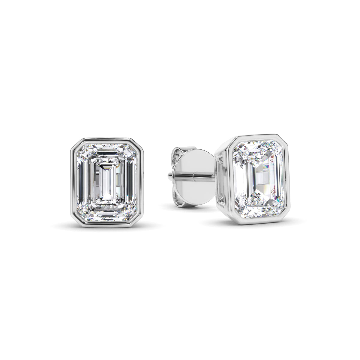 Violet - Emerald Cut Diamond Bezel Set Stud Earrings
