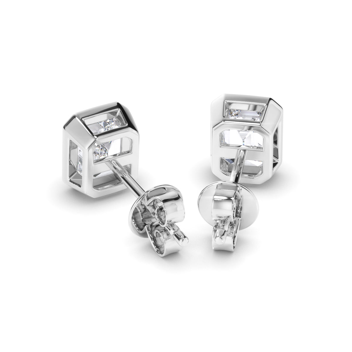 Violet - Emerald Cut Diamond Bezel Set Stud Earrings