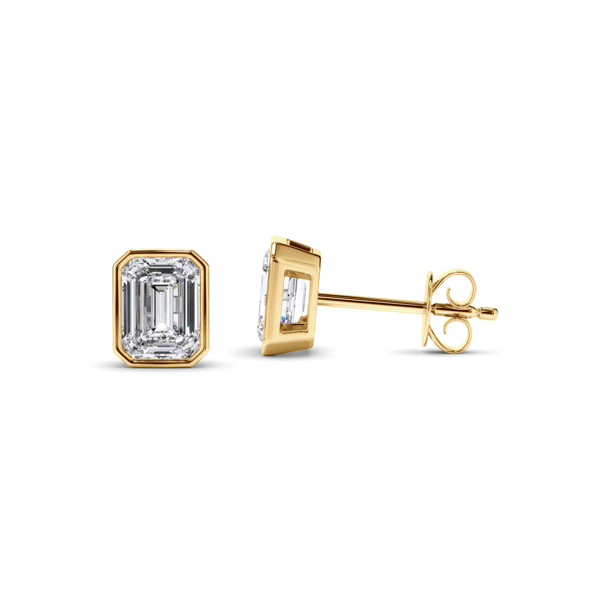 Violet - Emerald Cut Diamond Bezel Set Stud Earrings