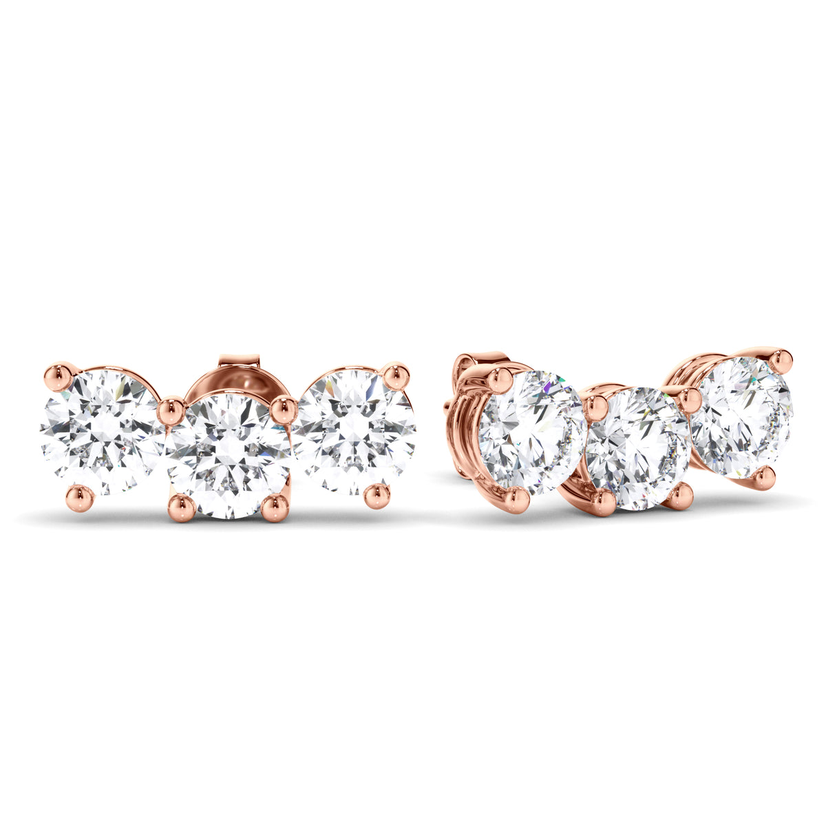 Hayley - Round Brilliant Cut 3-Stone Stud Earrings
