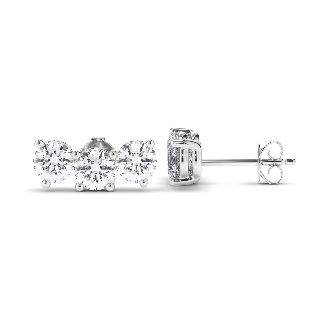 Hayley - Round Brilliant Cut 3-Stone Stud Earrings