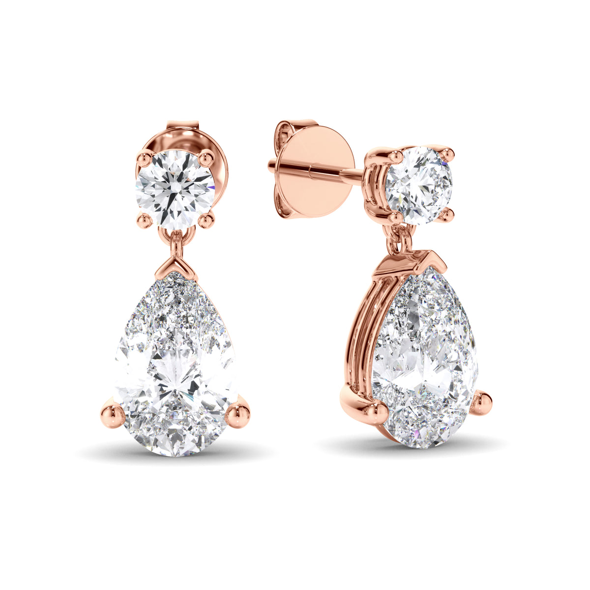 Inez - Pear & Round Brilliant Cut Diamond Drop Stud Earrings