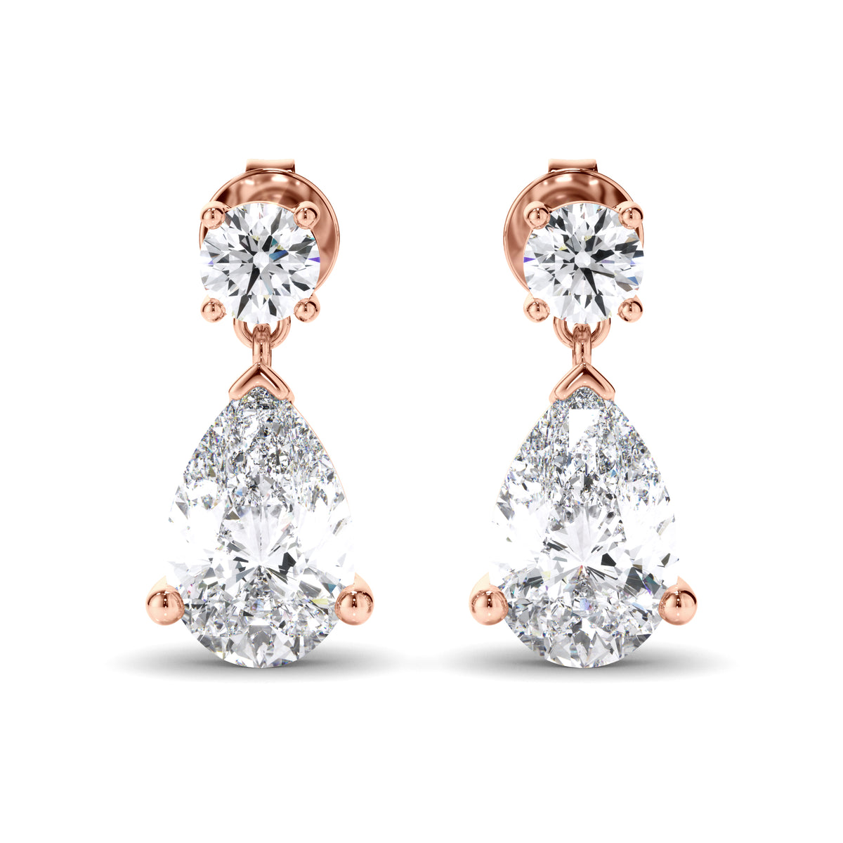 Inez - Pear & Round Brilliant Cut Diamond Drop Stud Earrings