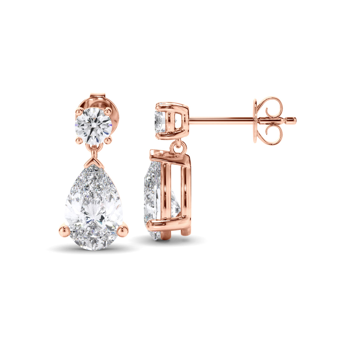 Inez - Pear & Round Brilliant Cut Diamond Drop Stud Earrings