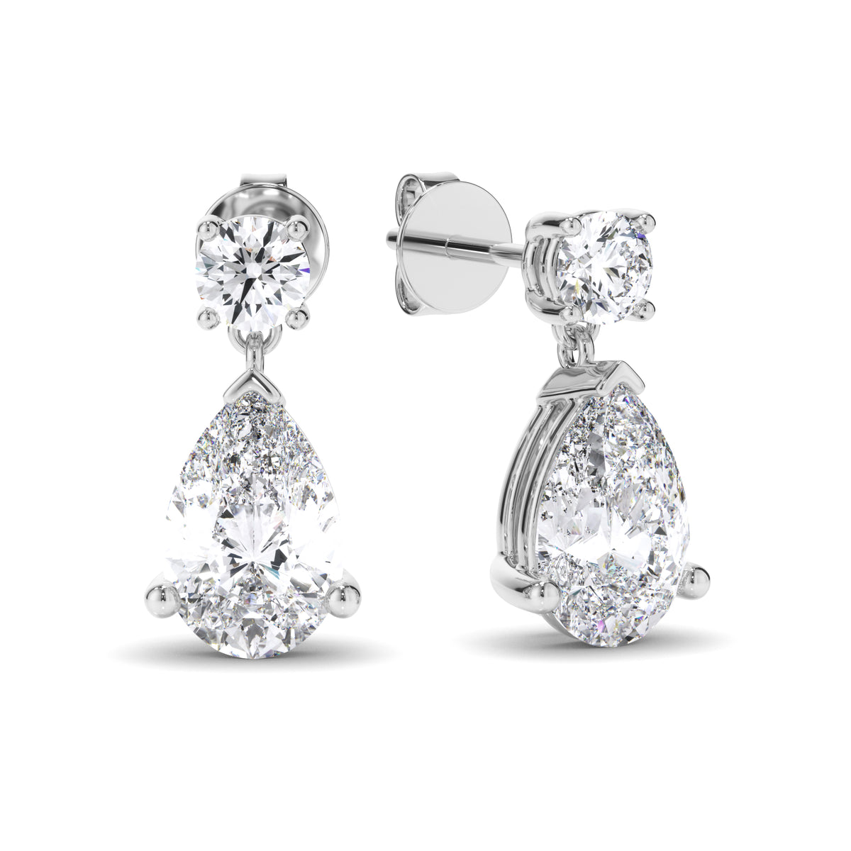 Inez - Pear & Round Brilliant Cut Diamond Drop Stud Earrings