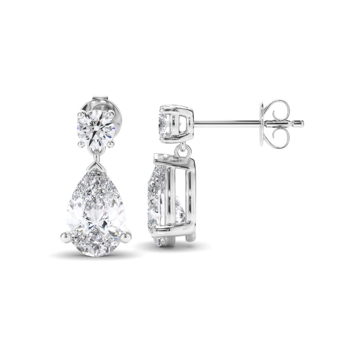 Inez - Pear & Round Brilliant Cut Diamond Drop Stud Earrings