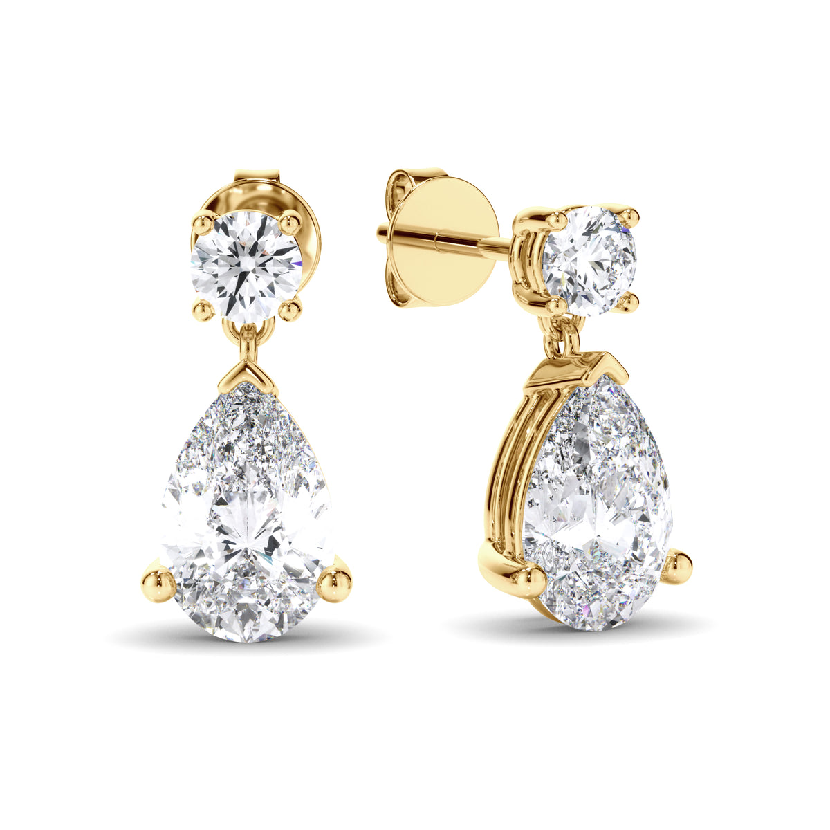 Inez - Pear & Round Brilliant Cut Diamond Drop Stud Earrings