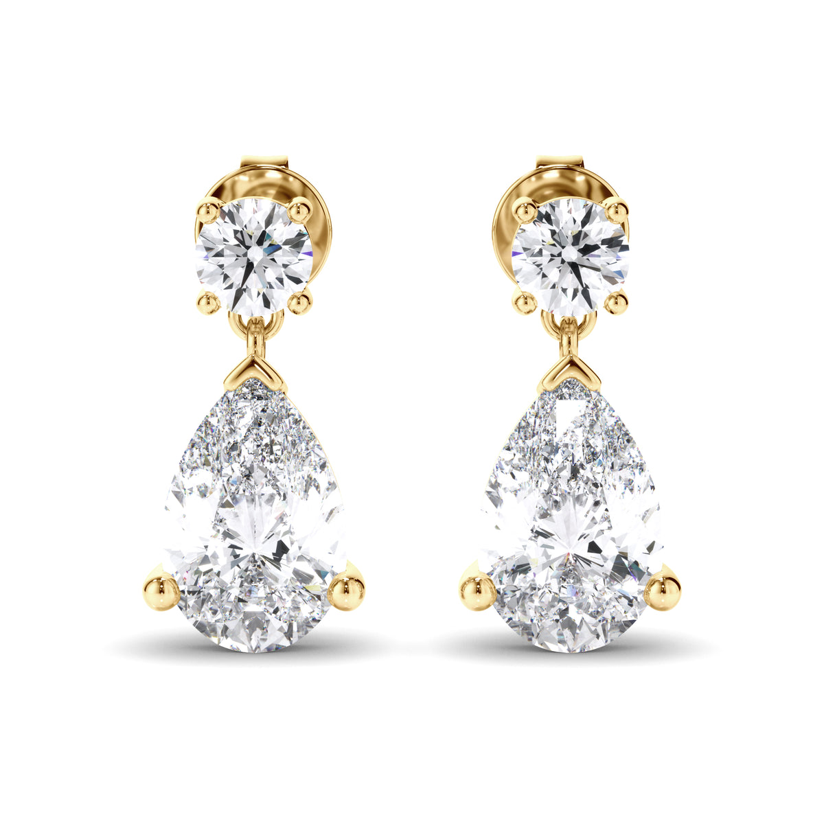 Inez - Pear & Round Brilliant Cut Diamond Drop Stud Earrings